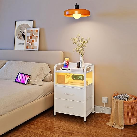 White LED Bedside Table with Charging Station 2 Drawers Modern Nightstand