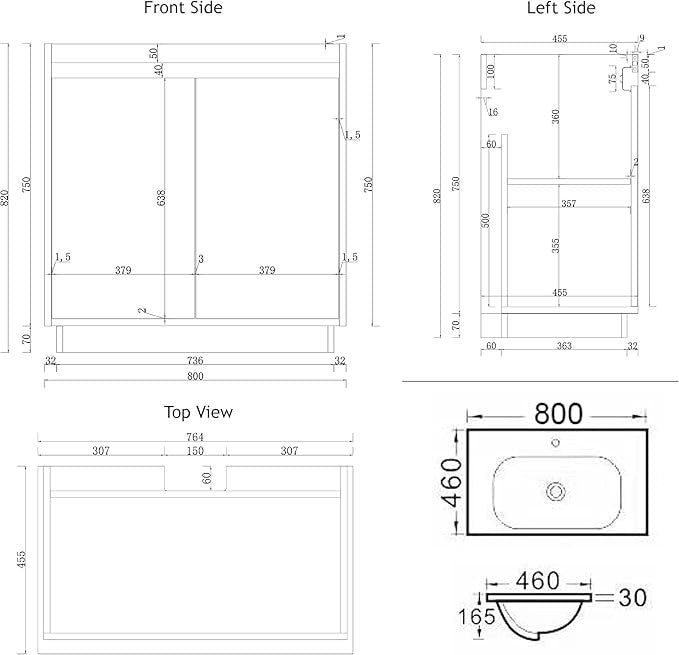 800mm Mint Green Floor Standing Vanity Unit with Basin Sink 2 Door Cabinet