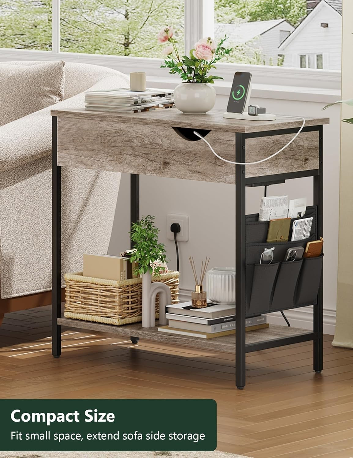 Light Wood Narrow Bedside Table with USB Charging Ports & Storage