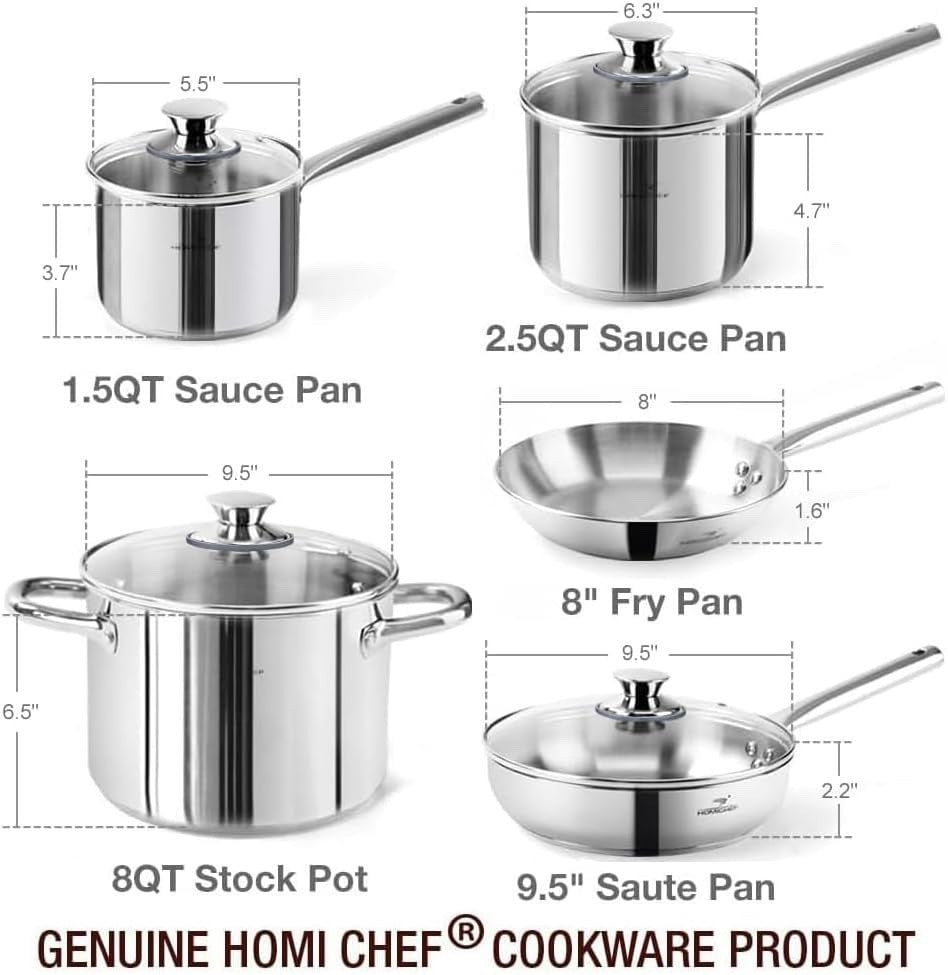 14Pcs Nickel-Free Stainless Steel Cookware Set with Glass Lids & Utensils