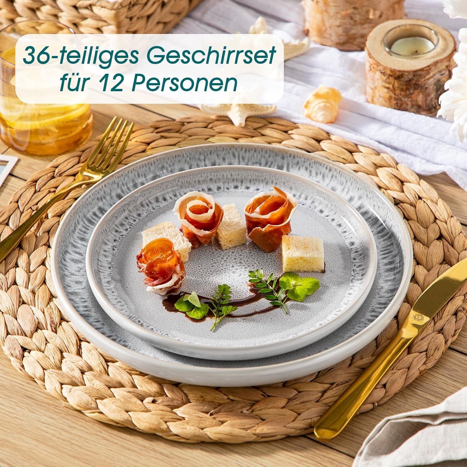 36pc Grey Stoneware Dinner Set Plates Bowls Reactive Glaze Service for 12