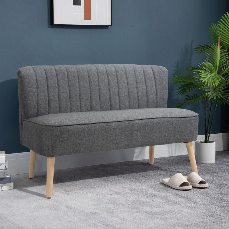 2 Seater Grey Linen Sofa Compact Loveseat Padded Upholstered Couch Wood Legs