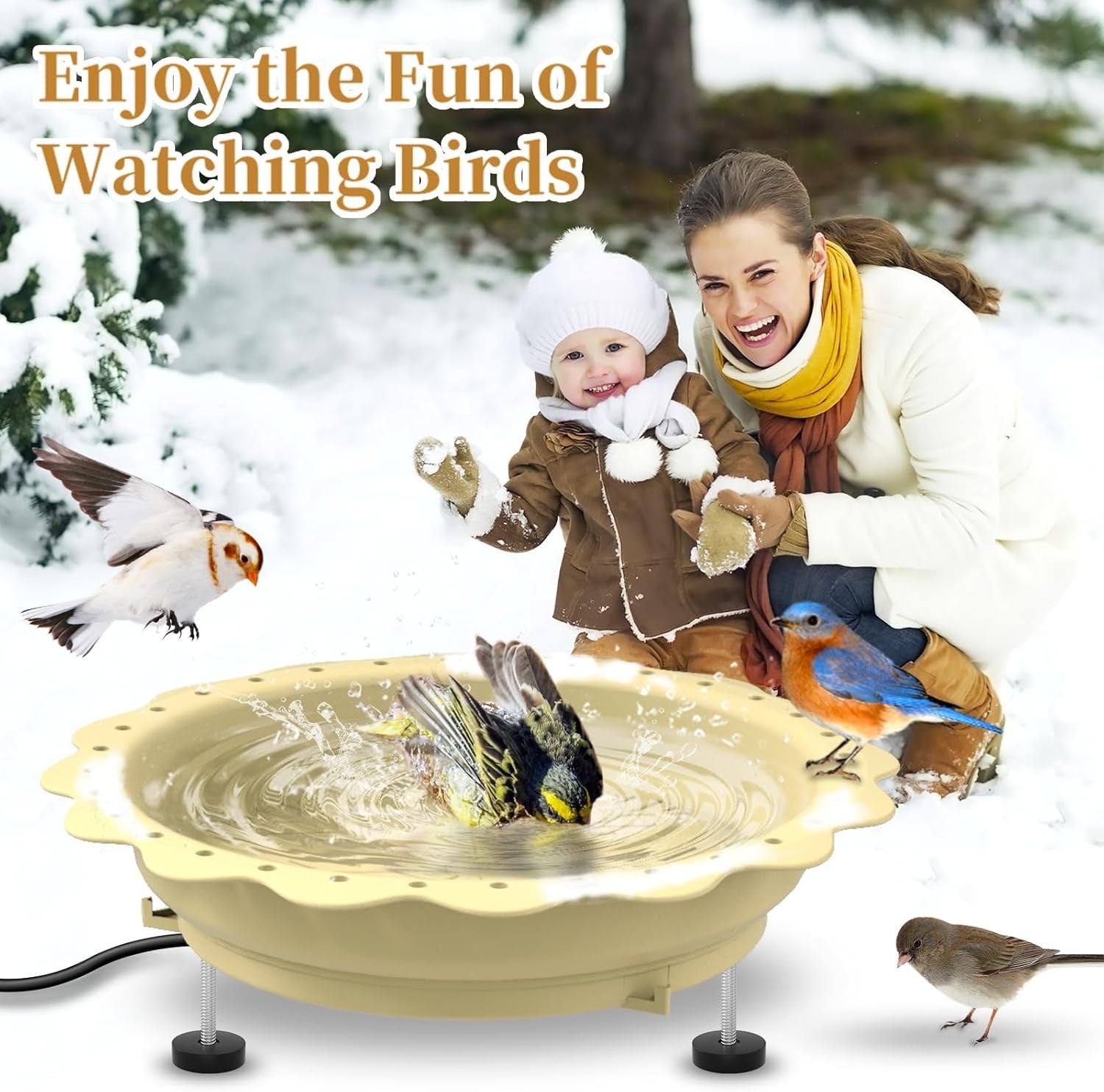 100W Heated Bird Bath Outdoor Thermostat Anti-Freeze Feeder Khaki