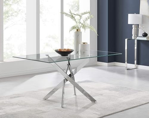Modern Rectangular Glass Dining Table with Chrome Legs for 6 Person Dining