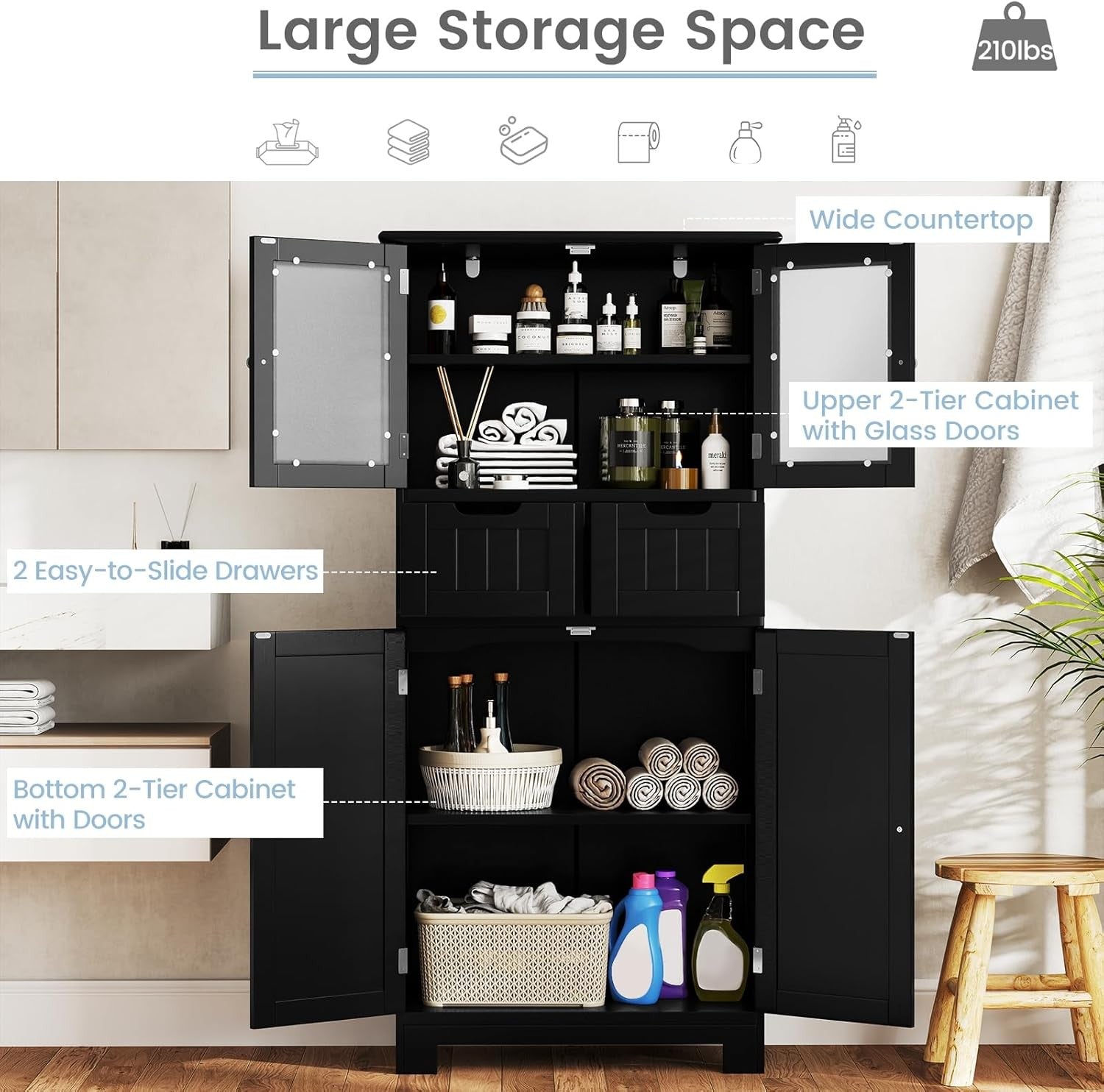 Black Freestanding Storage Cabinet with Glass Doors & Drawers Shelves