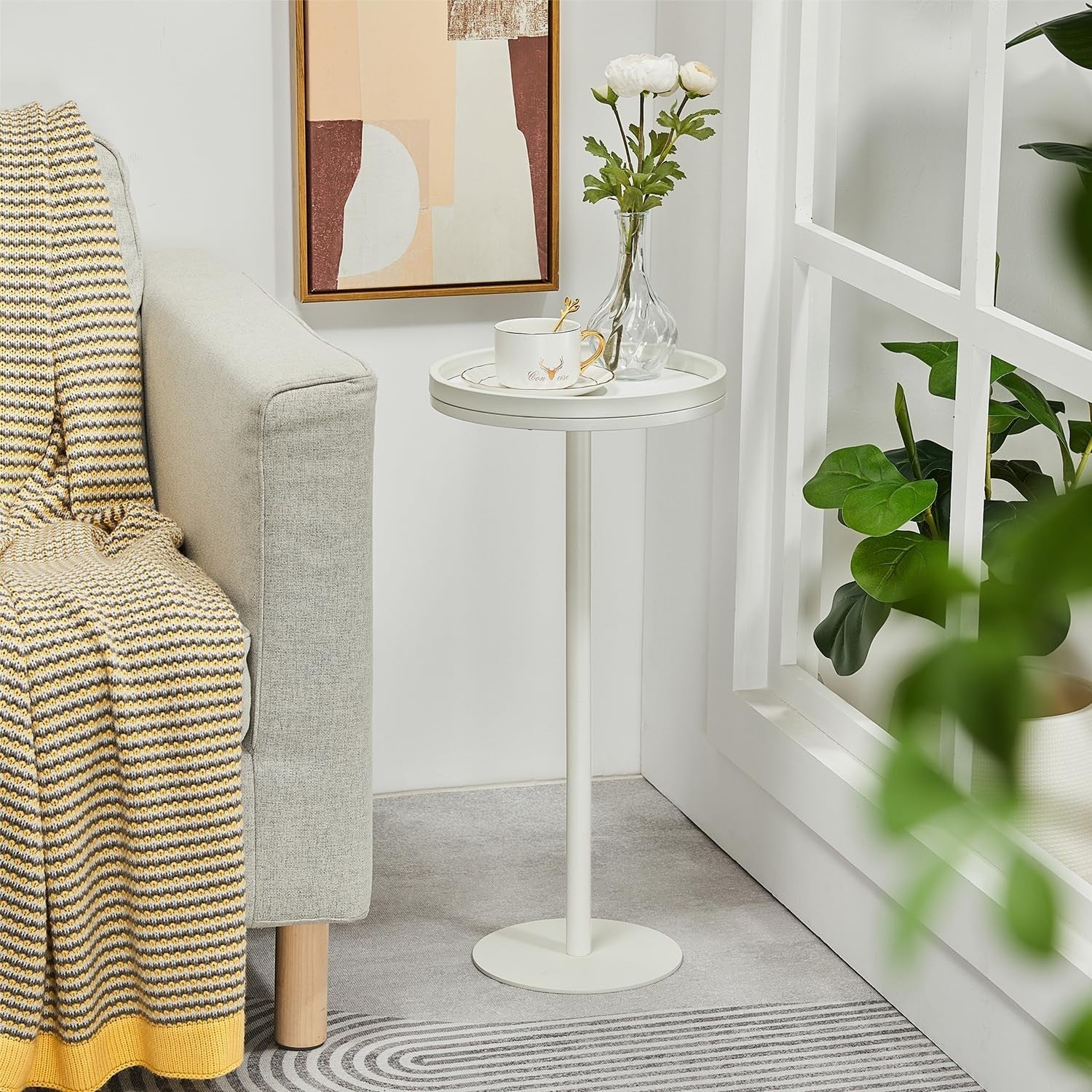 Small Round Coffee Table – 30x30x63cm Side Table for Living Room (White)
