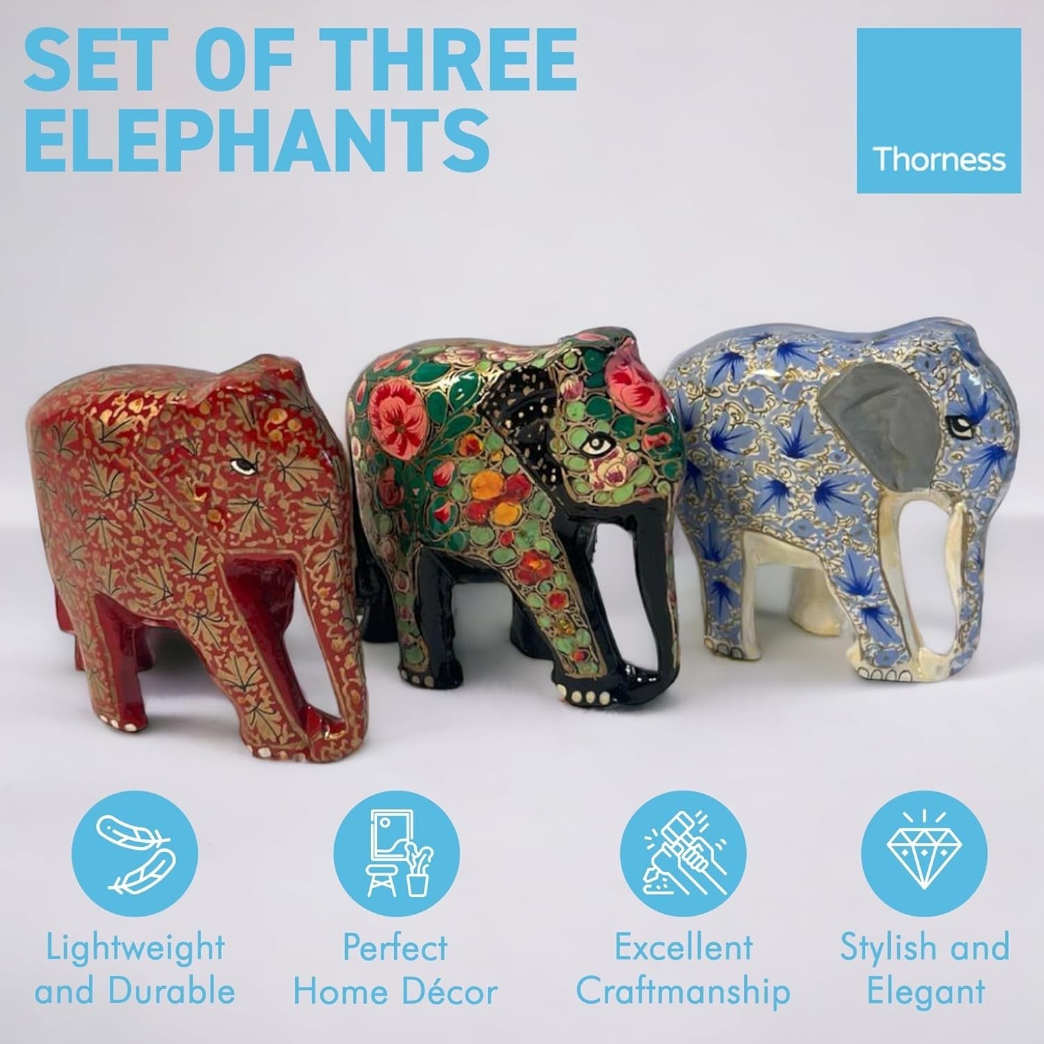 Set of 3 Paper Mache Elephant Ornaments | Colourful Wildlife Decor | Handmade