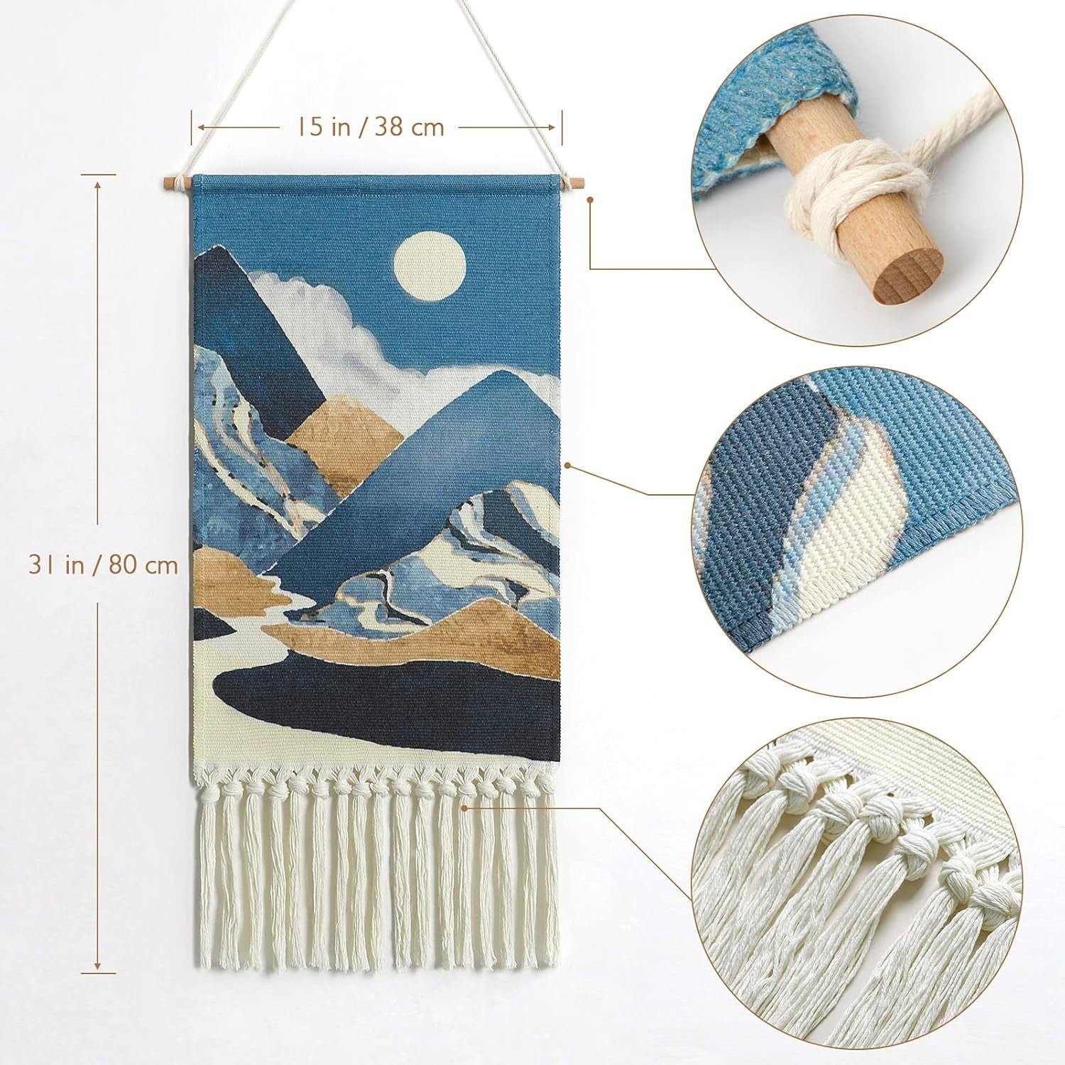 Boho Macrame Wall Hanging Moon Sun Mountain Woven Decor Blue