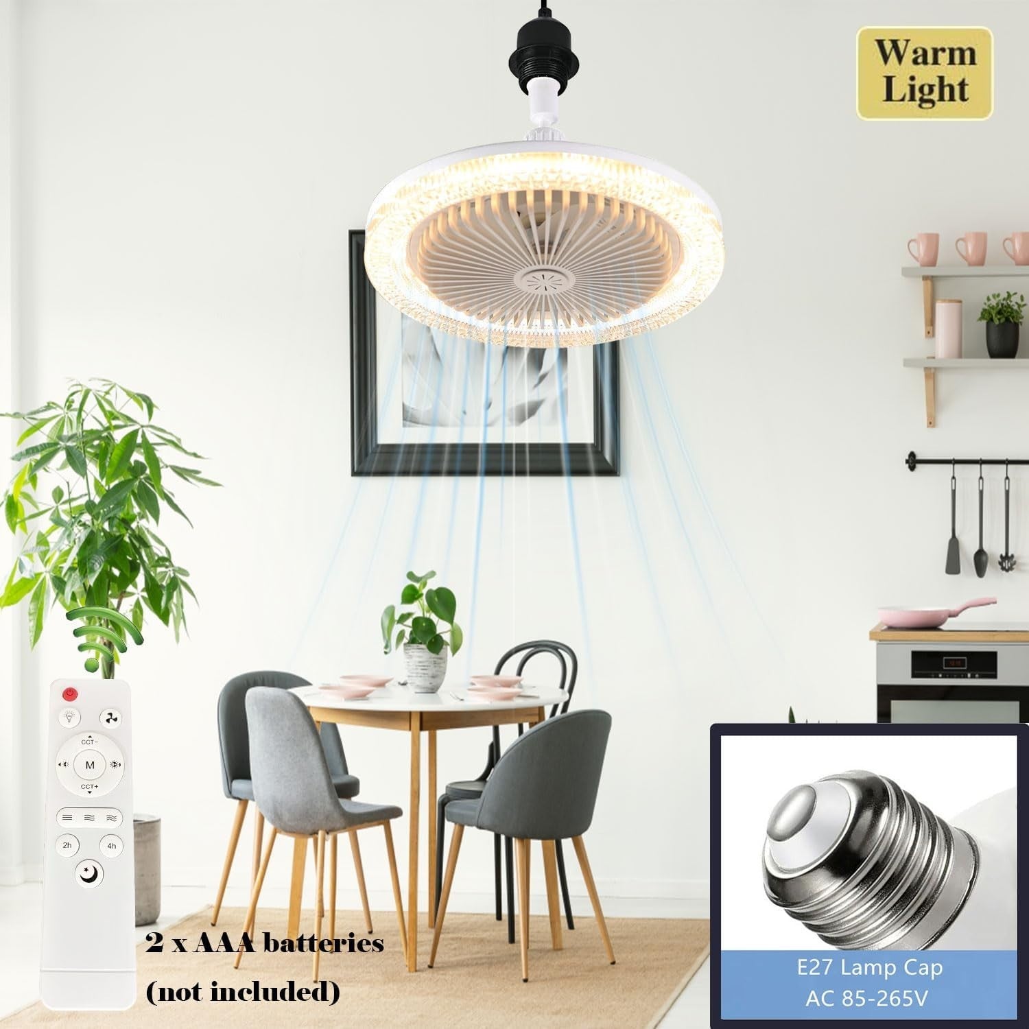 LED Ceiling Fan Light, 3 Speeds, 3 Colors, Dark Grey