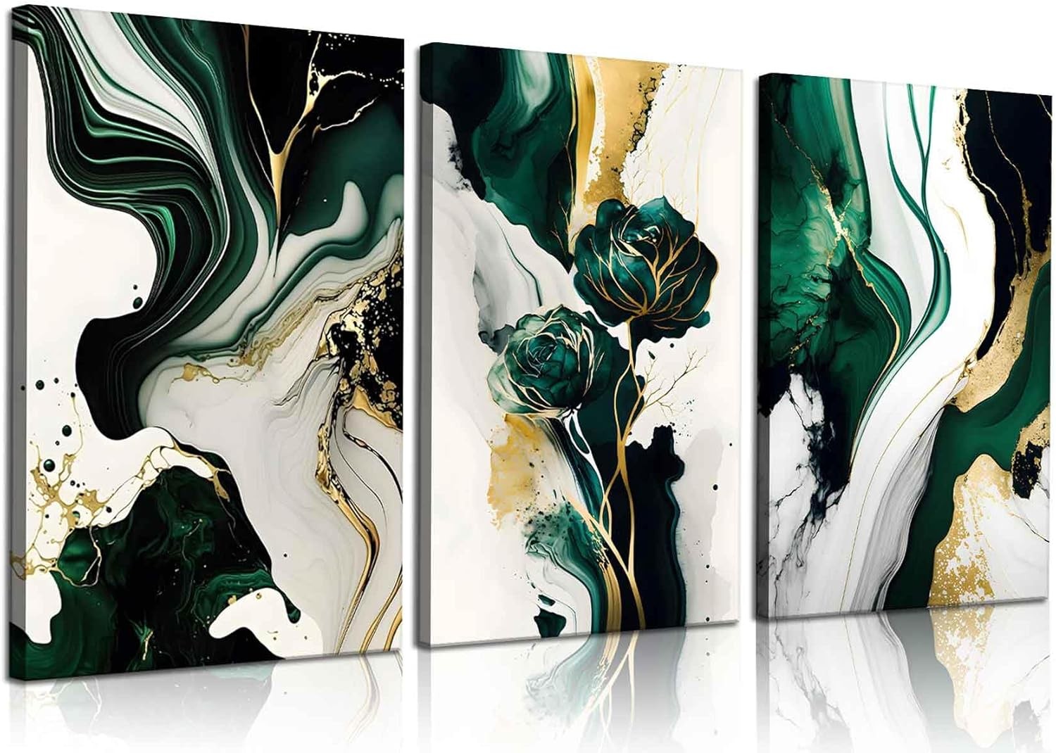 Emerald Green Gold Abstract Canvas Wall Art 3 Piece Set