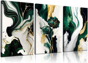 Emerald Green Gold Abstract Canvas Wall Art 3 Piece Set