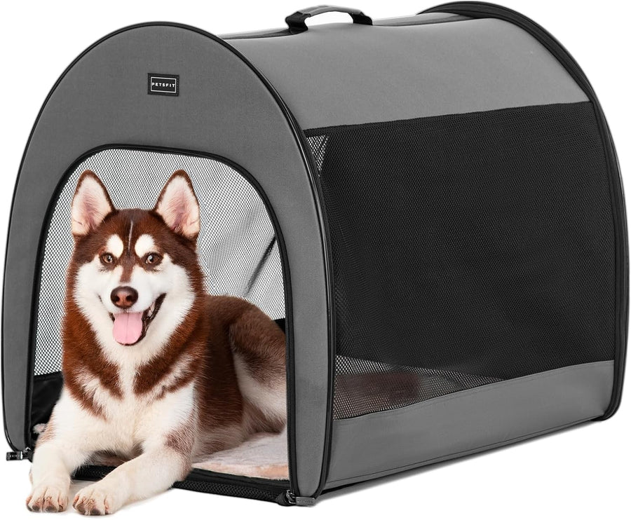 Soft Dog Crate Large 57x57x77cm Portable Travel Carrier Cat Kennel with Mat Grey