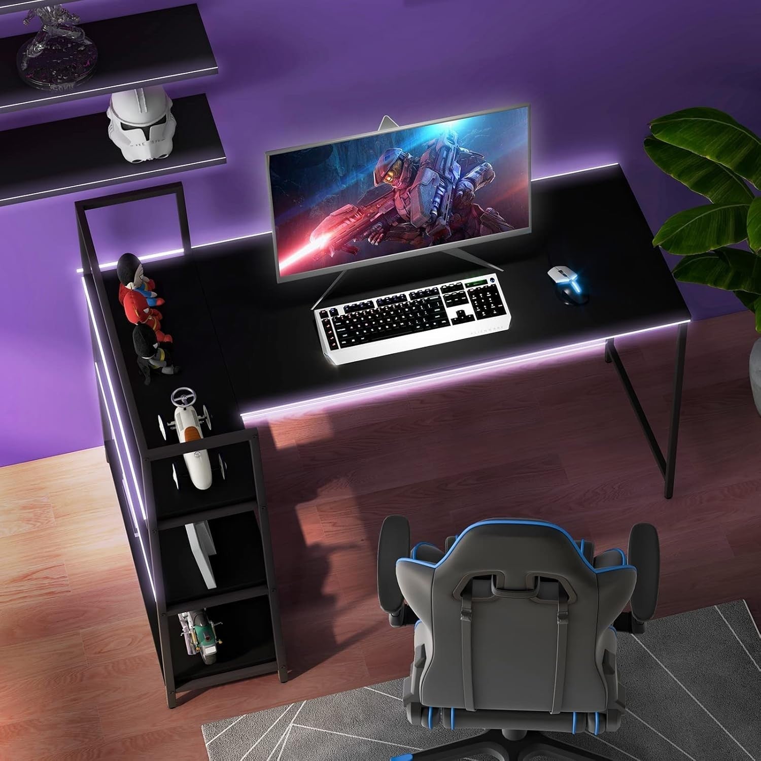 Modern Black L-Shaped Computer Desk w/Reversible Shelves & Metal Frame