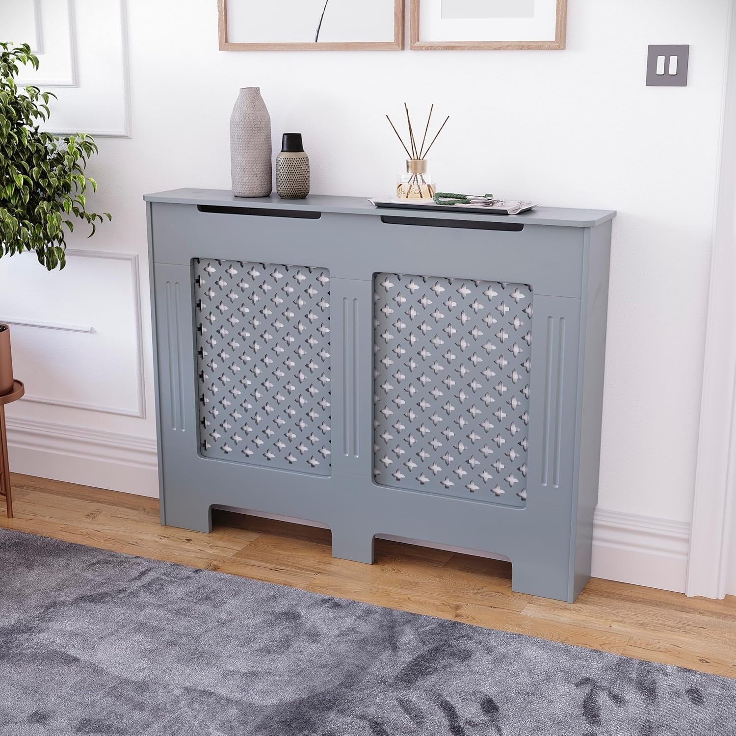 Medium Grey Radiator Cover 82x111x19cm MDF Cross Pattern Heat Efficient Cabinet