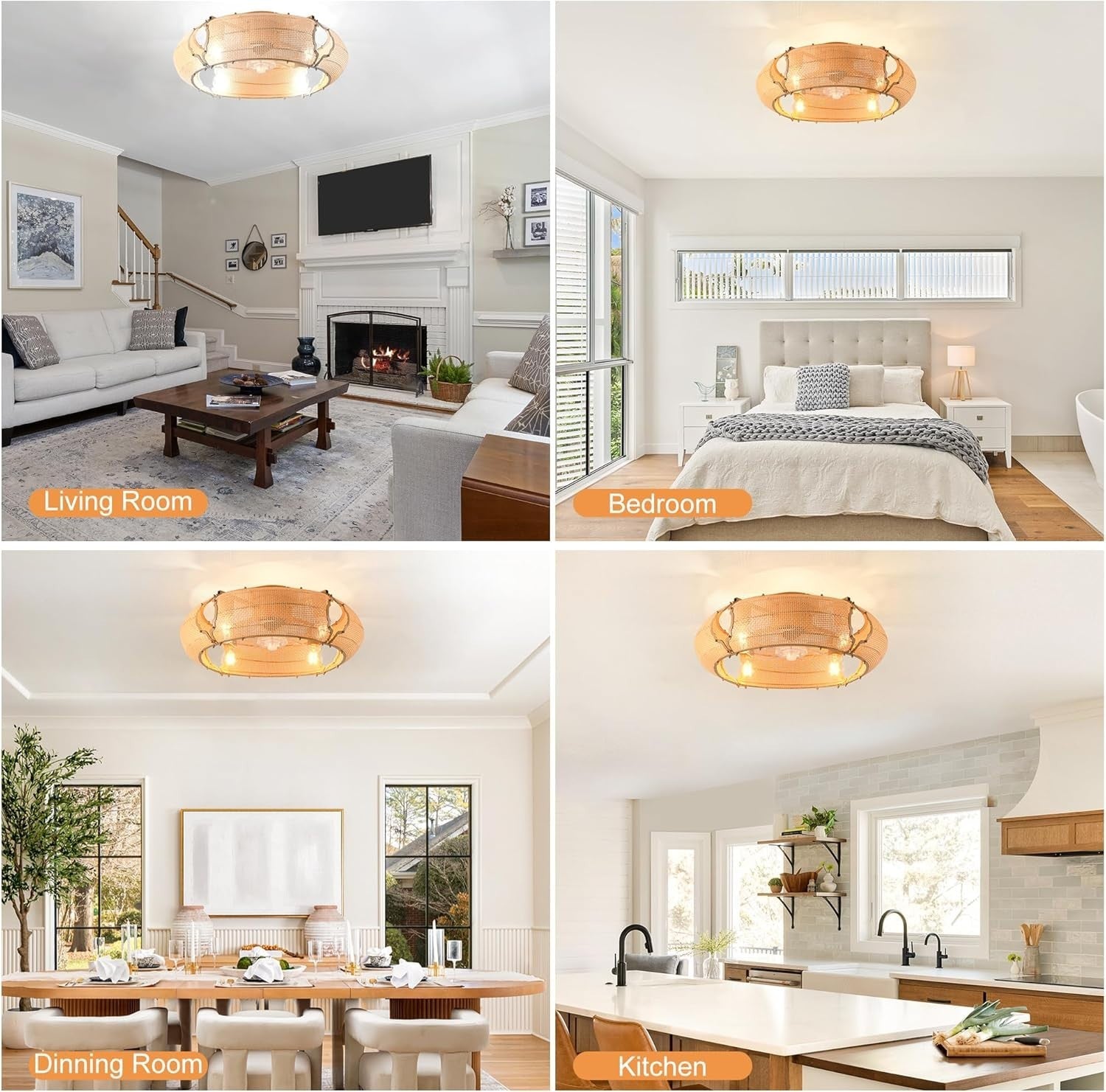 Boho Rattan Ceiling Fan Light 53CM, 6-Speed, APP, Remote, E27