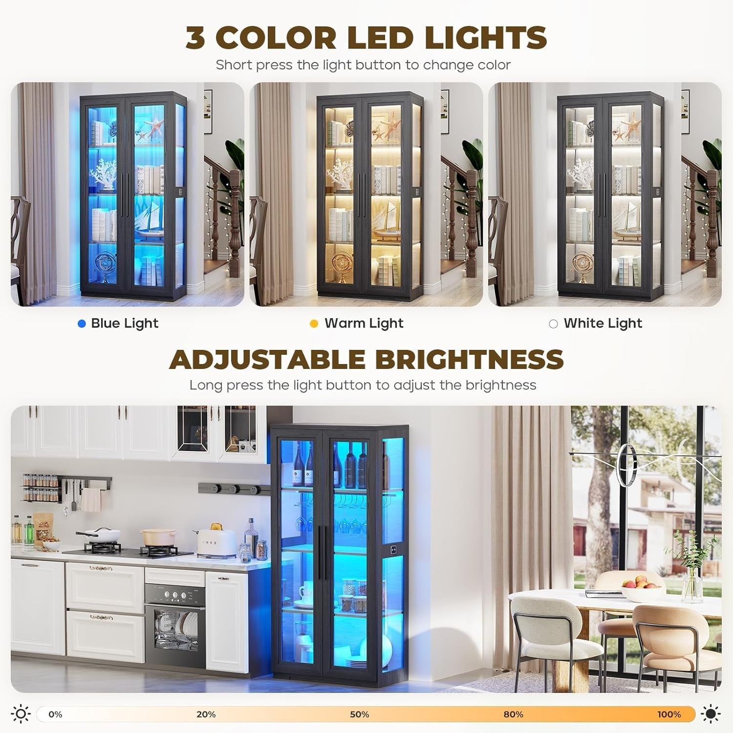 LED Display Cabinet Glass Doors Bookshelf with Storage 3-Color Lights
