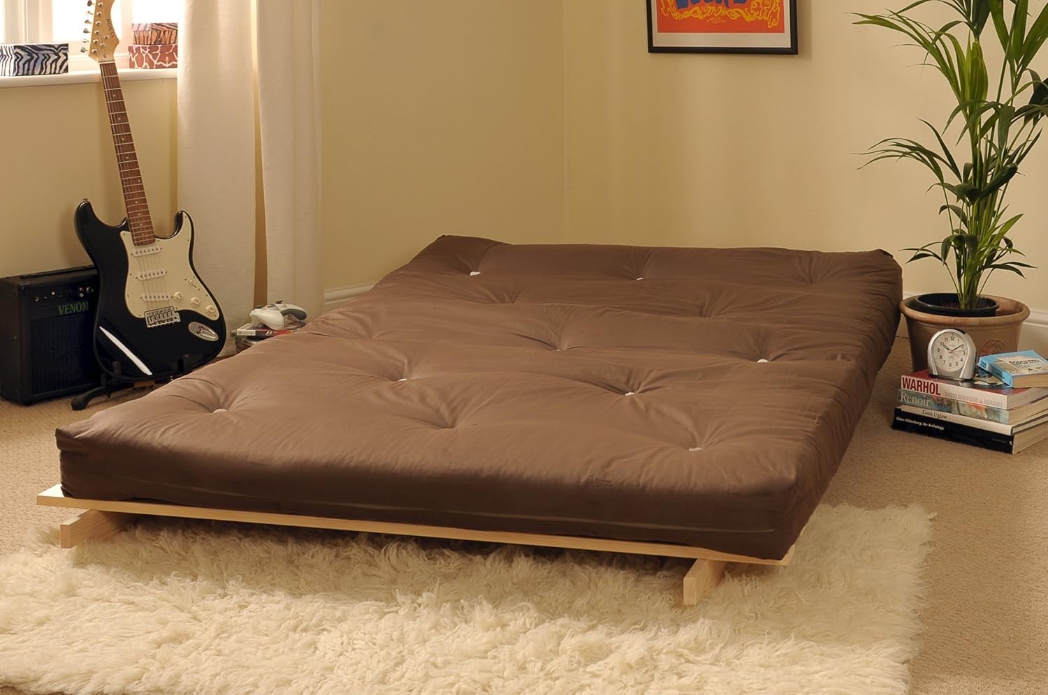 Small Double Wooden Futon Sofa Bed 4ft Tufted Cotton Mattress Brown