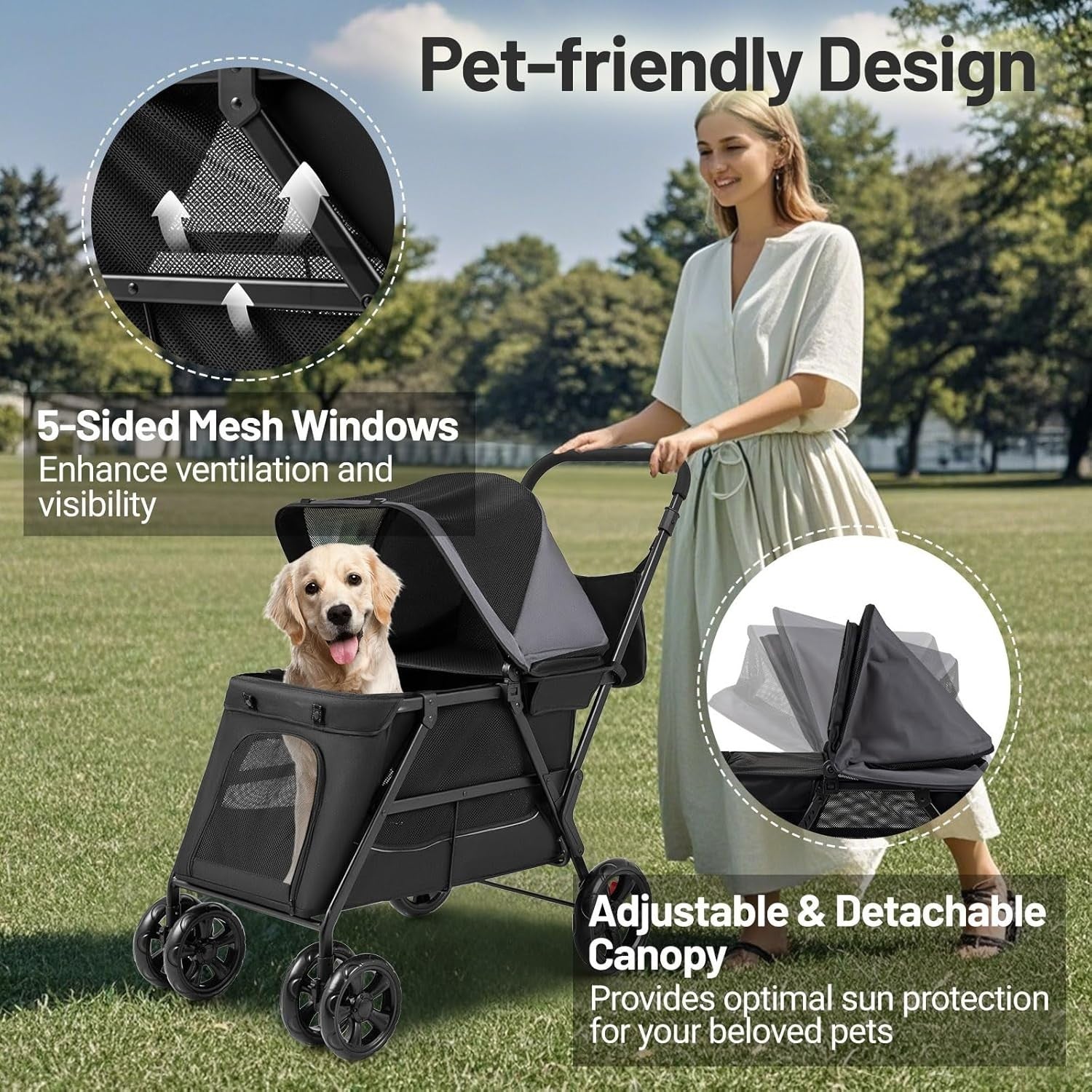 Pet Stroller Foldable Dog Pushchair Cat Pram Ramp Canopy 30kg