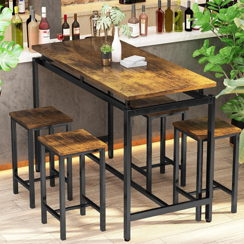 Rustic Brown 5-Piece Counter Height Dining Table Set with 4 Stools Space Saving