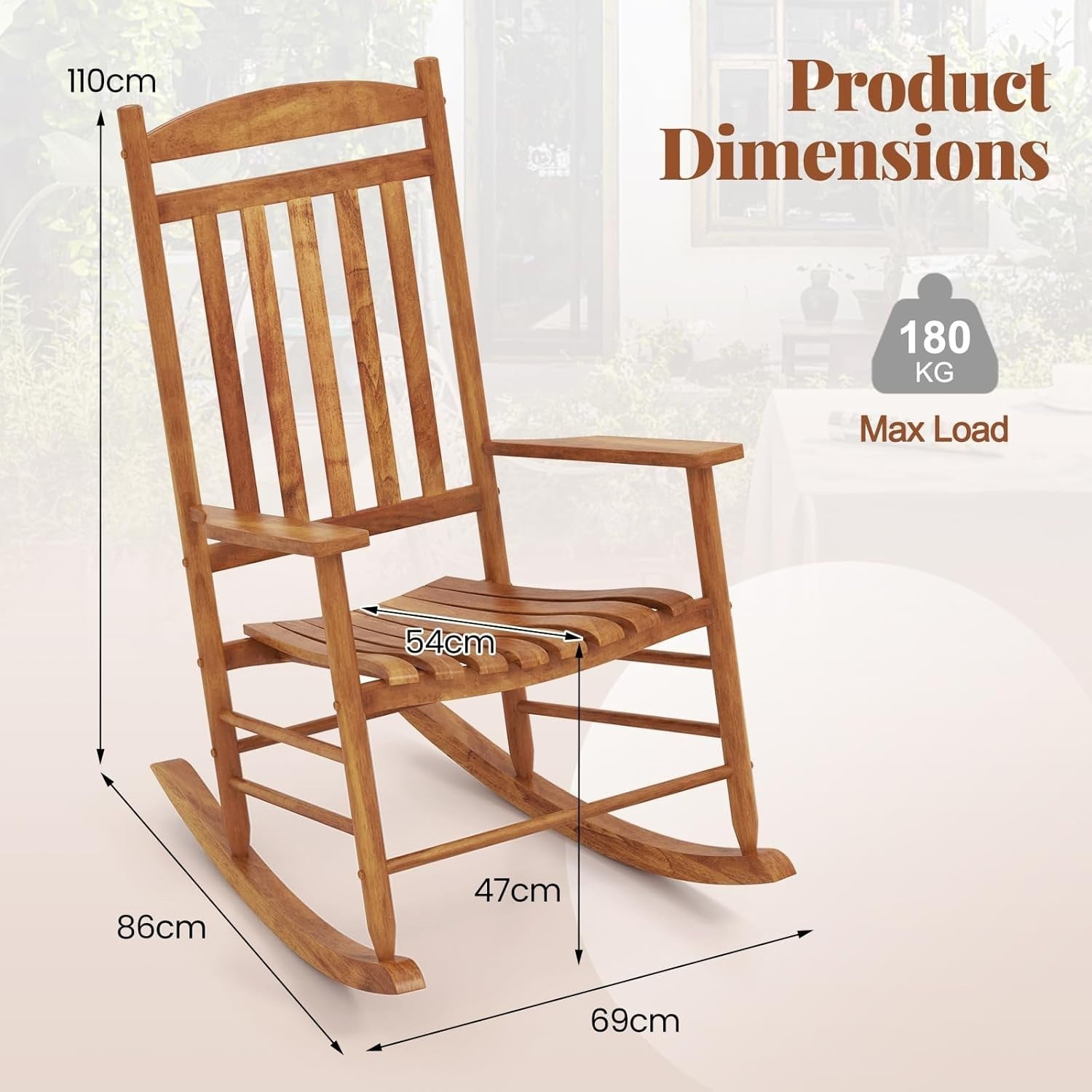 Outdoor Wooden Rocking Chair High-Back Ergonomic Patio Lounge Seat