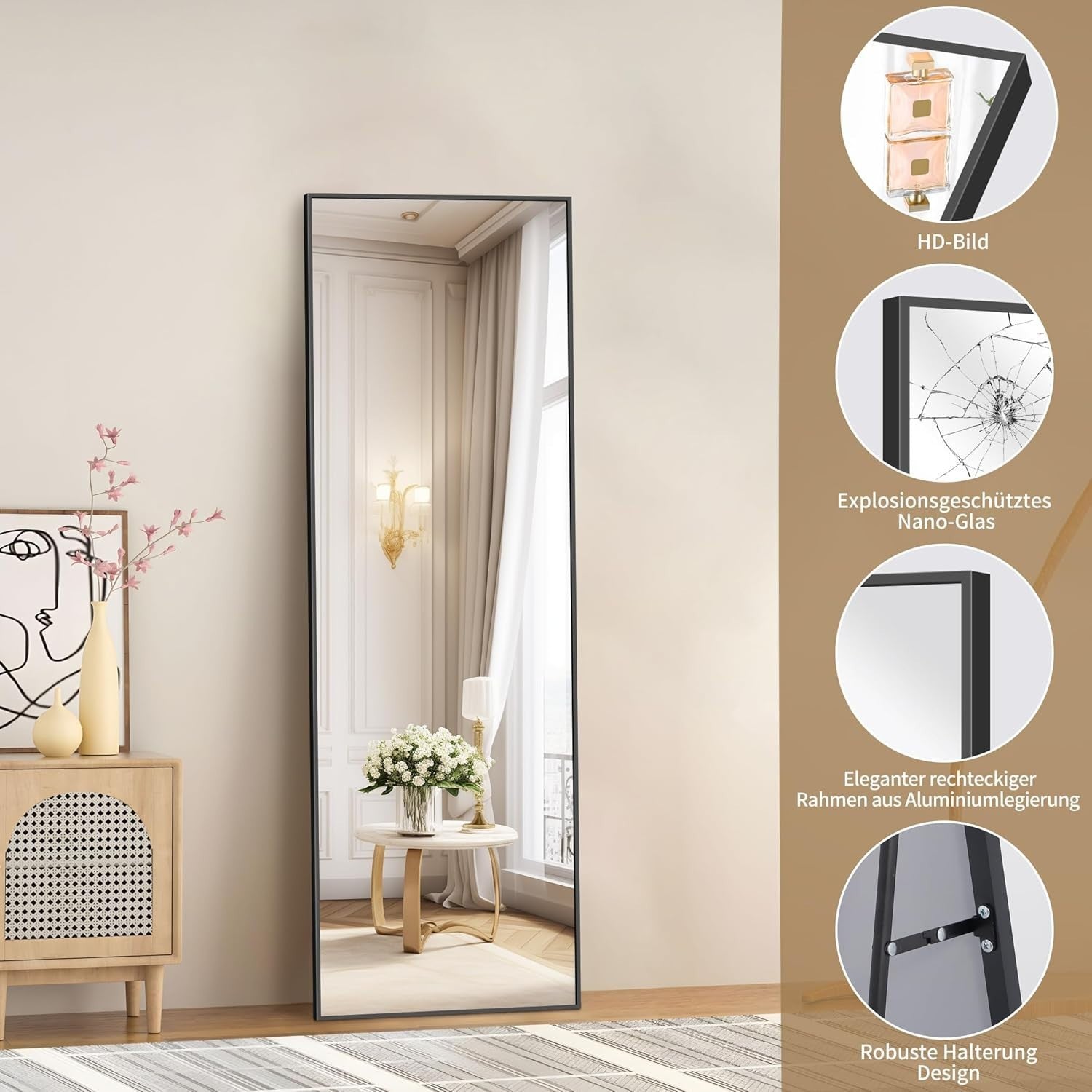 Full Length Black Mirror 150x40cm Freestanding & Wall Mount Bedroom Use