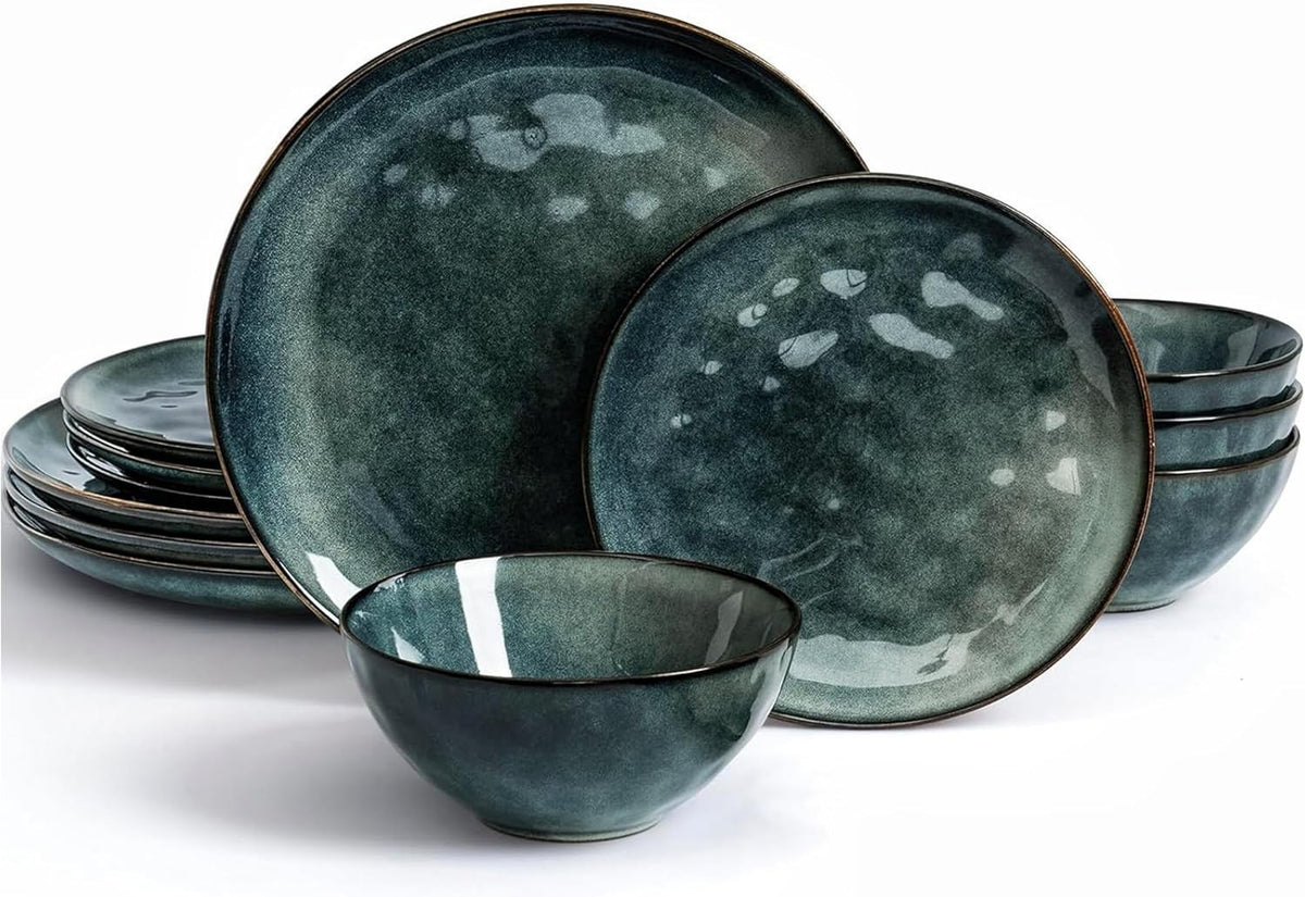 12pc Stoneware Dinnerware Set Plates Bowls Dark Green Service for 4