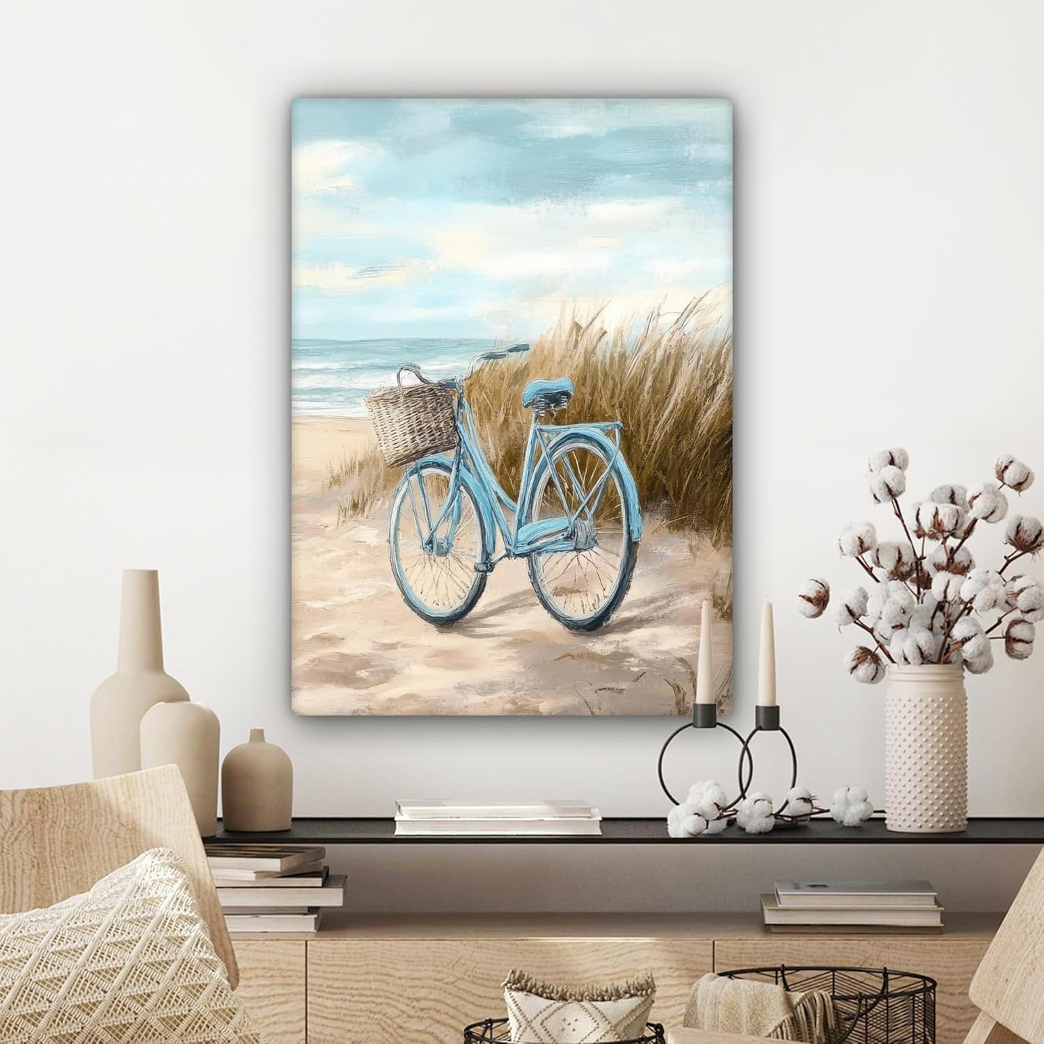 Large Framed Canvas Wall Art 50x70cm Beach Bicycle Vintage