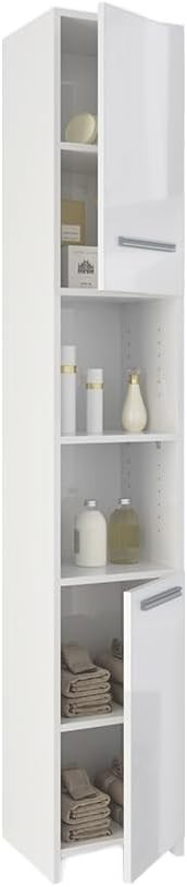 Tall White Gloss Bathroom Storage Cabinet with Shelves & Doors, 30x190 cm