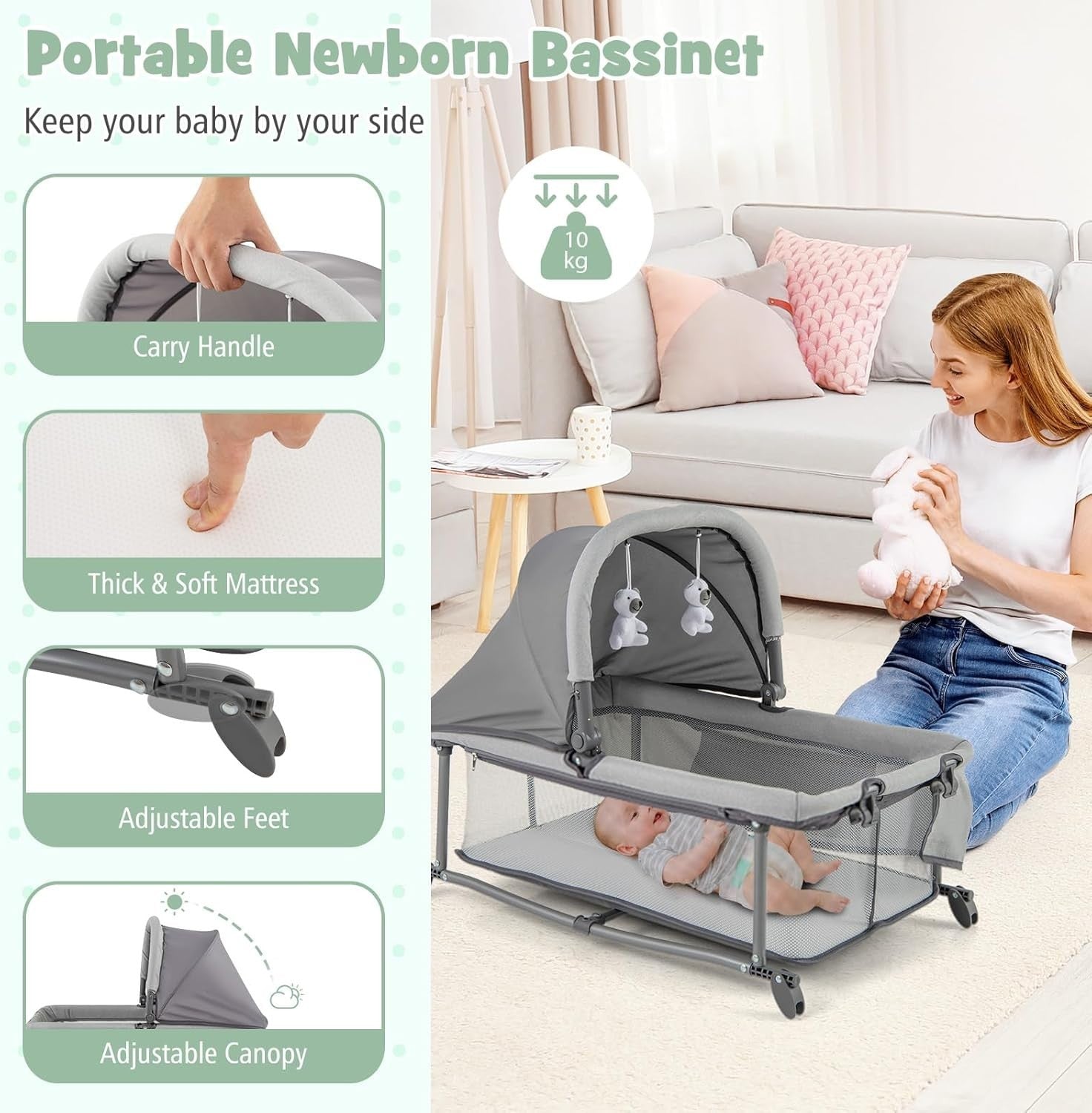 5in1 Travel Cot Baby Bedside Crib Bassinet w/ Mattress Folding Playard Grey