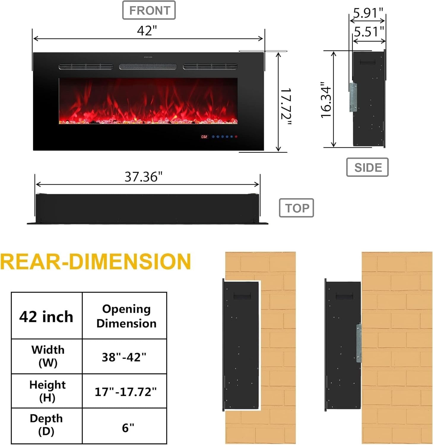 Electric Wall Fireplace Heater 42" Recessed LED Flame Remote Timer