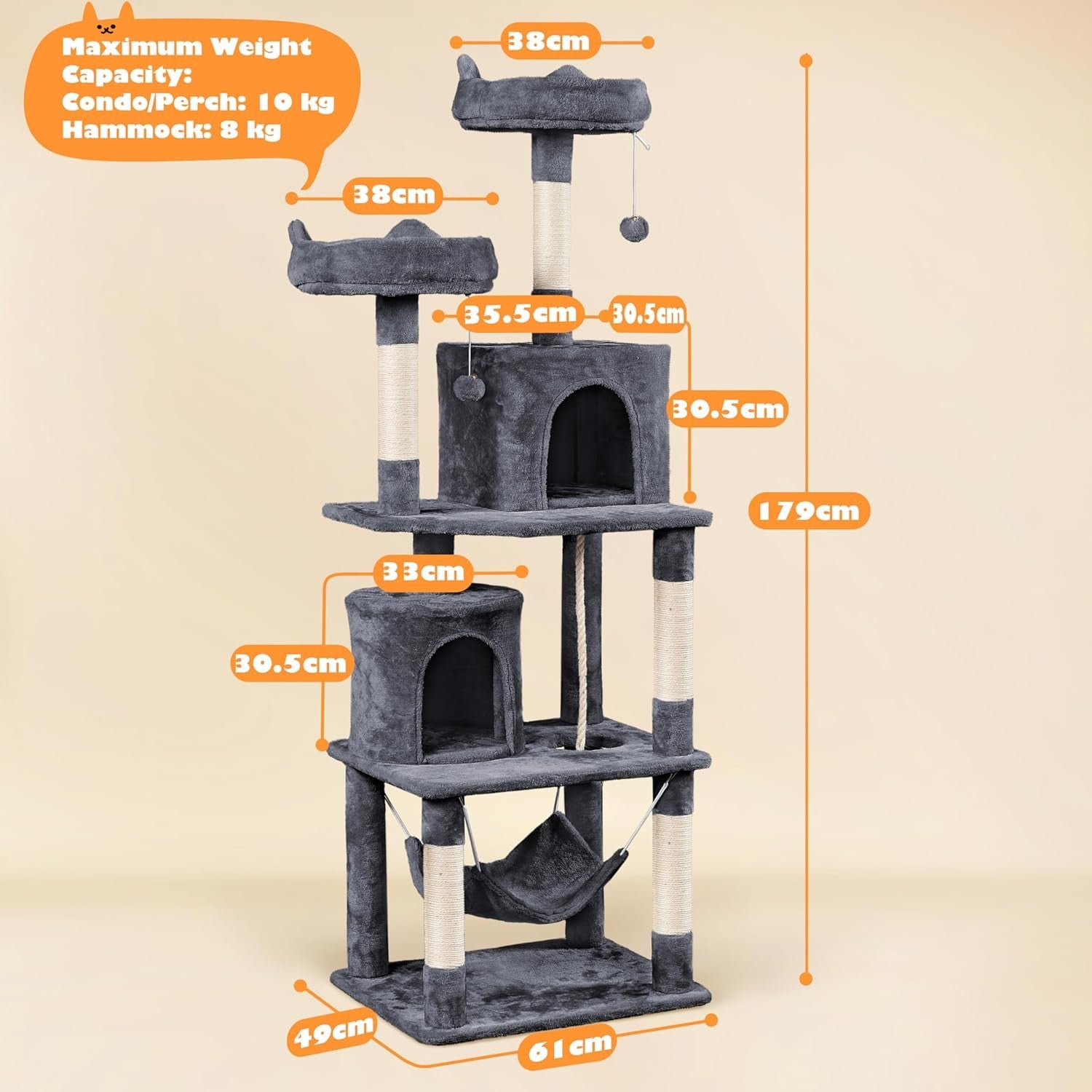179cm Cat Tree Tower Multi Level Scratching Post Indoor Climber Hammock