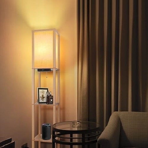 Floor Lamp with Shelves USB C Dimmable LED Wooden Standing Light