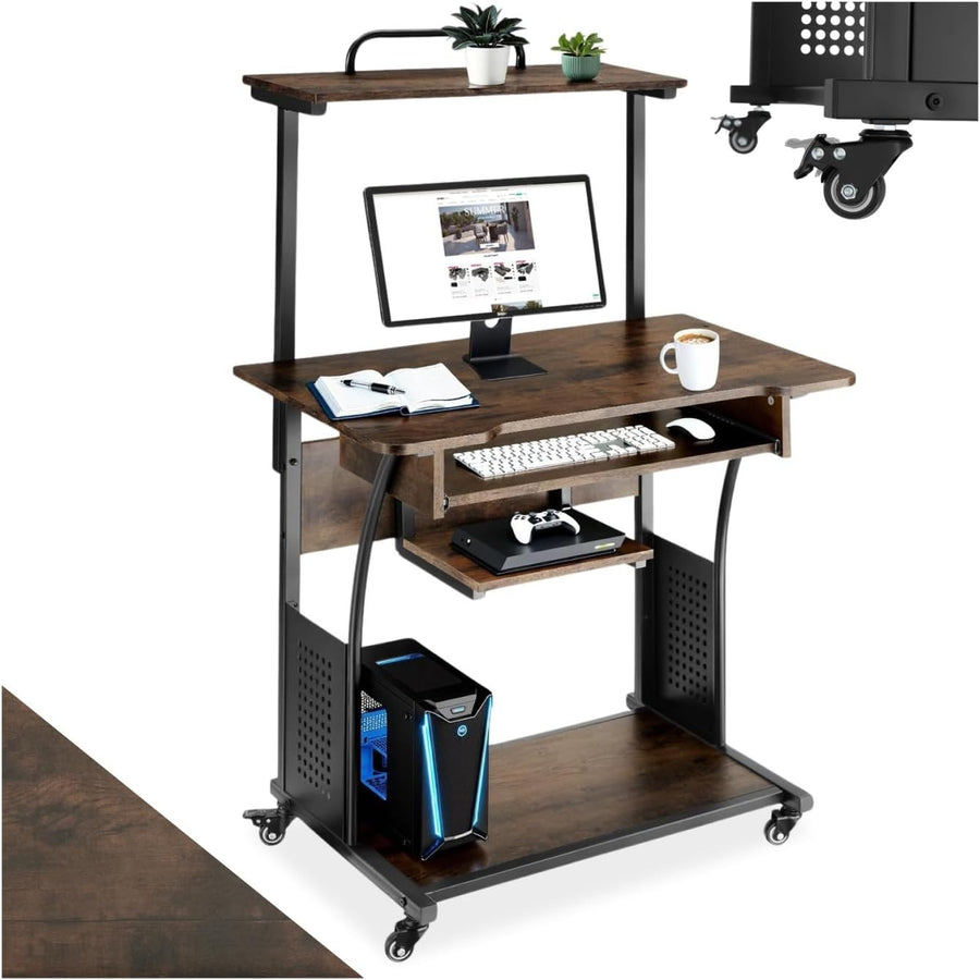 Mobile Computer Desk 80cm W/Keyboard Tray, 4 Shelves on Wheels Office Table