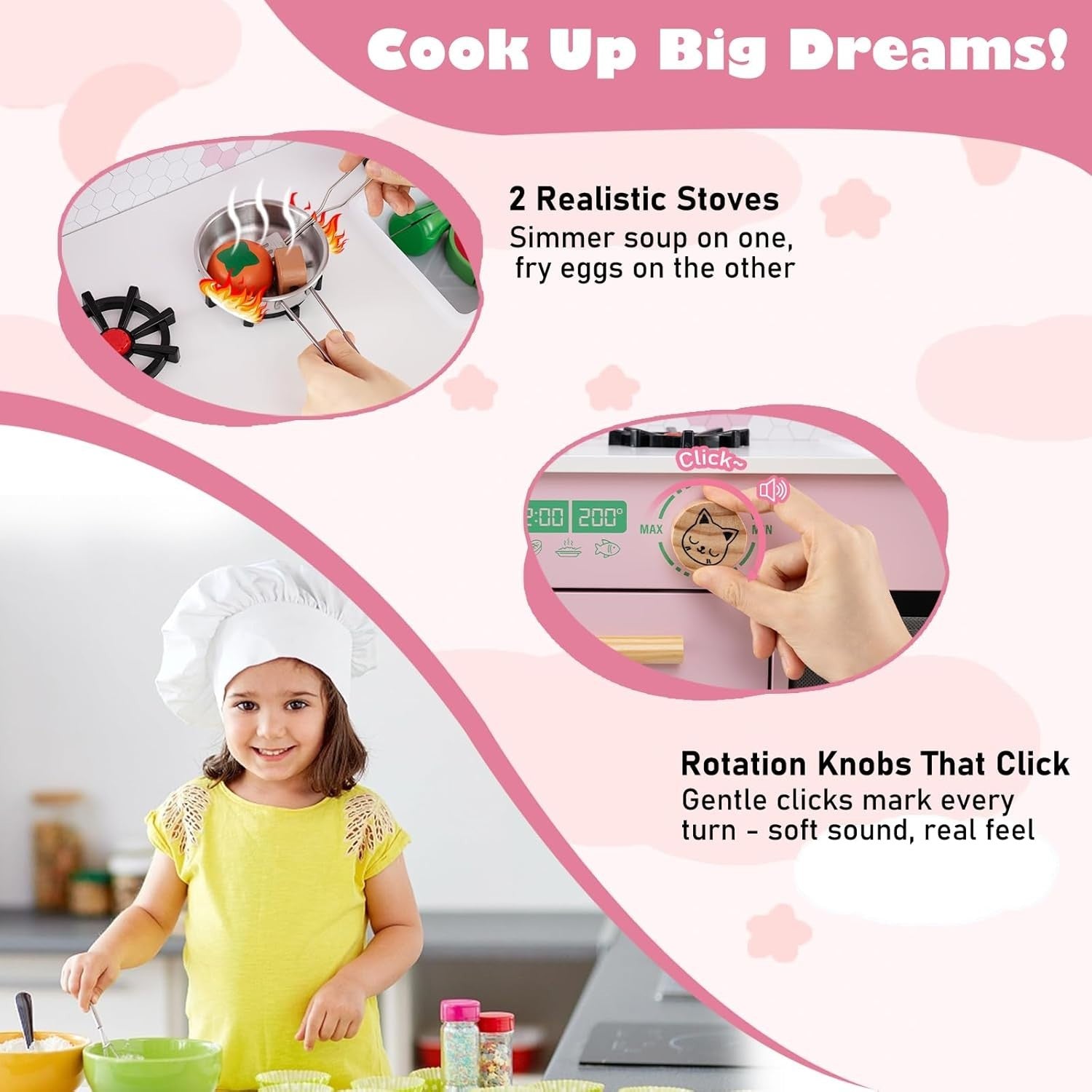 Wooden Kids Play Kitchen Pink w/ Dishwasher Sink Pots Role Play