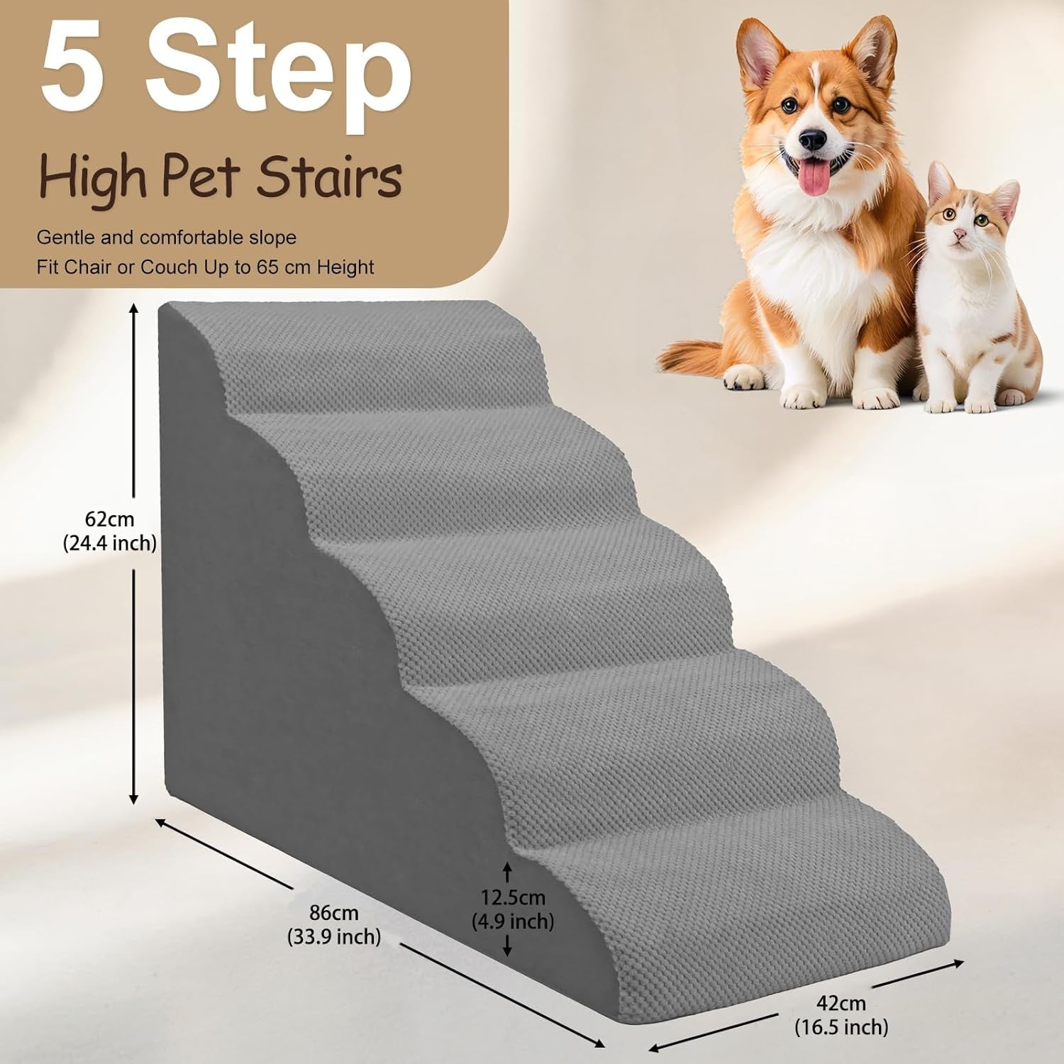 5 Step Dog Stairs Extra Tall Foam Pet Ramp for High Beds