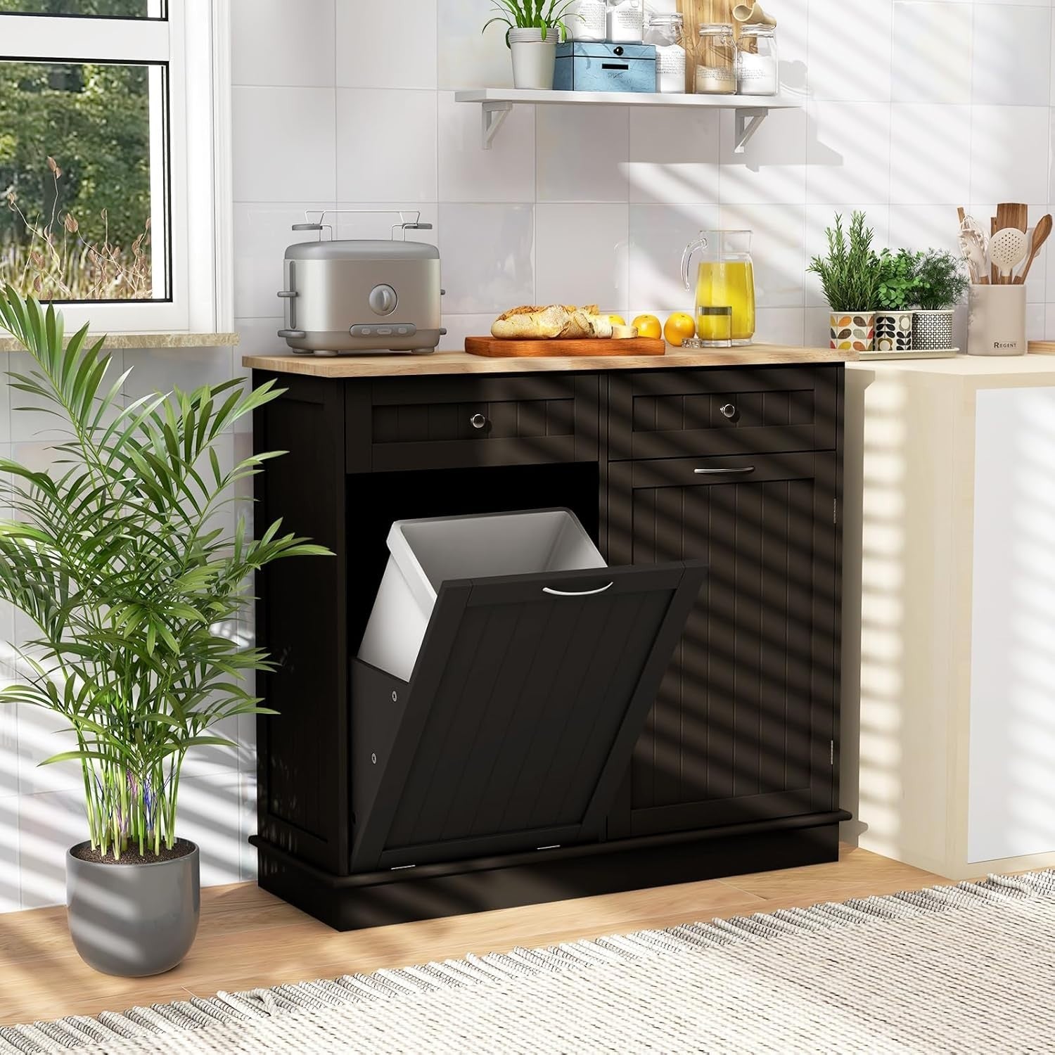 Modern Kitchen Sideboard with Tilt-Out Trash Bin Cabinet & Storage Drawers Brown