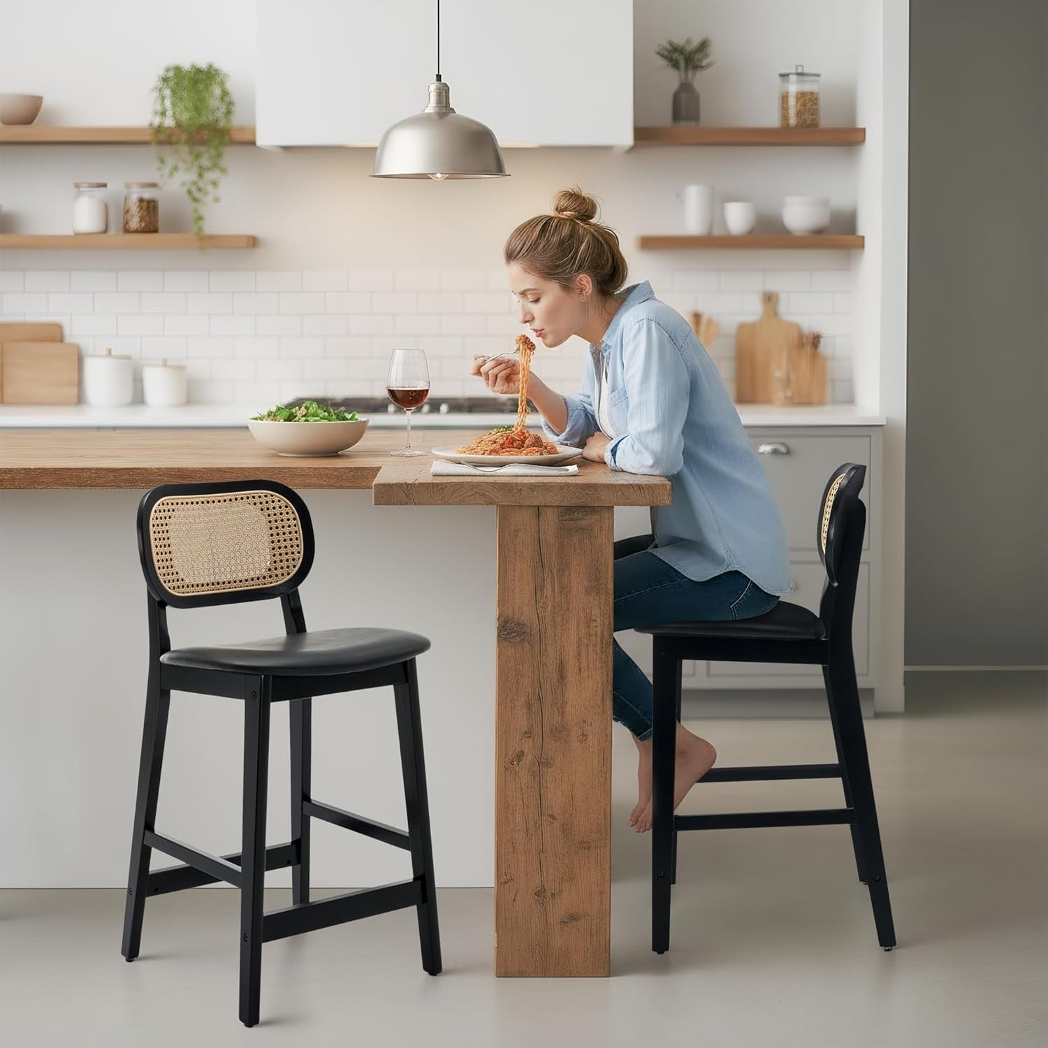 Rattan Bar Stools Set of 2 Counter Height Black Wooden Kitchen Island Chairs
