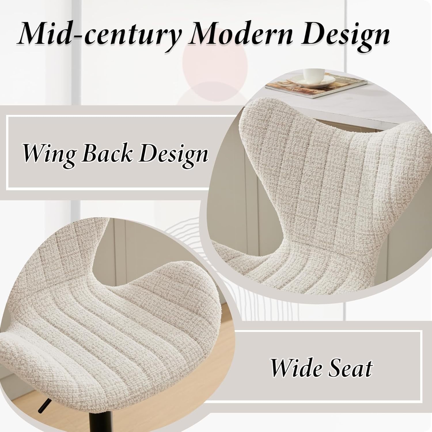 Oatmeal Wing-Back Bar Stools Set of 2 | Chenille Seat, Swivel & Adjustable
