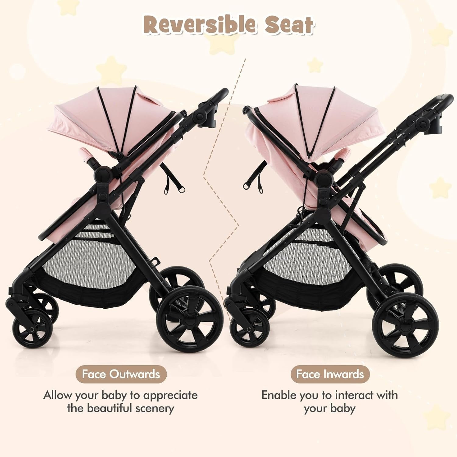 2in1 Baby Pushchair Foldable Pram Lightweight Reversible Seat Adjustable Canopy
