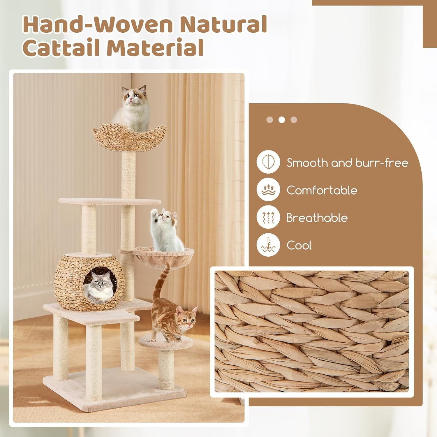 150cm Cat Tree Wicker Condo Hammock Sisal Scratching Tower Beige Indoor