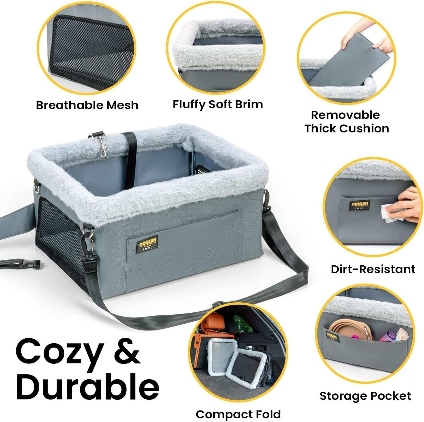 Elevated Dog Car Seat Booster Bed Safety Tether Waterproof Grey