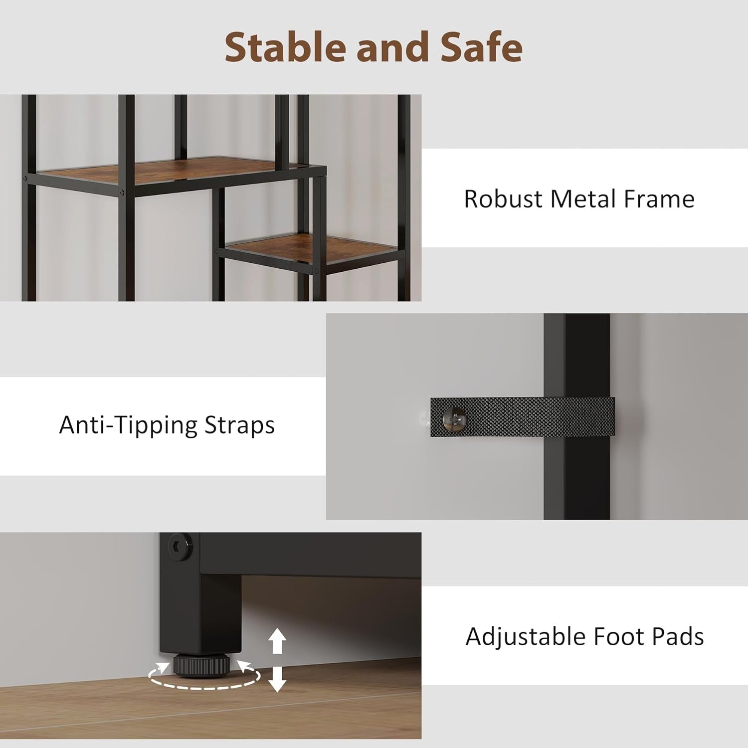 7-Tier Rustic Brown & Black Bookcase | Industrial Geometric Display Shelf Unit