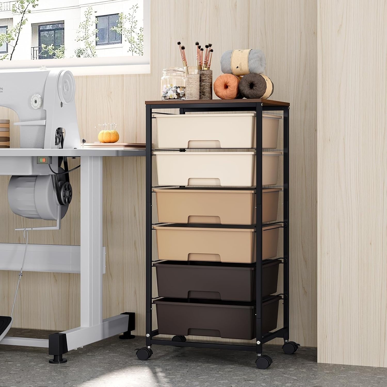 6 Drawer Rolling Storage Cart Utility Trolley with Wooden Top Brown
