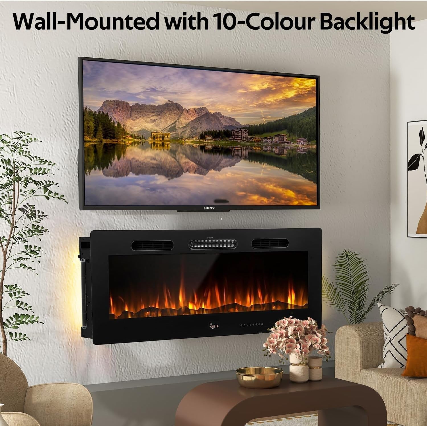 127cm Electric Wall Mounted Fireplace Insert LED Flames Remote Heat Timer