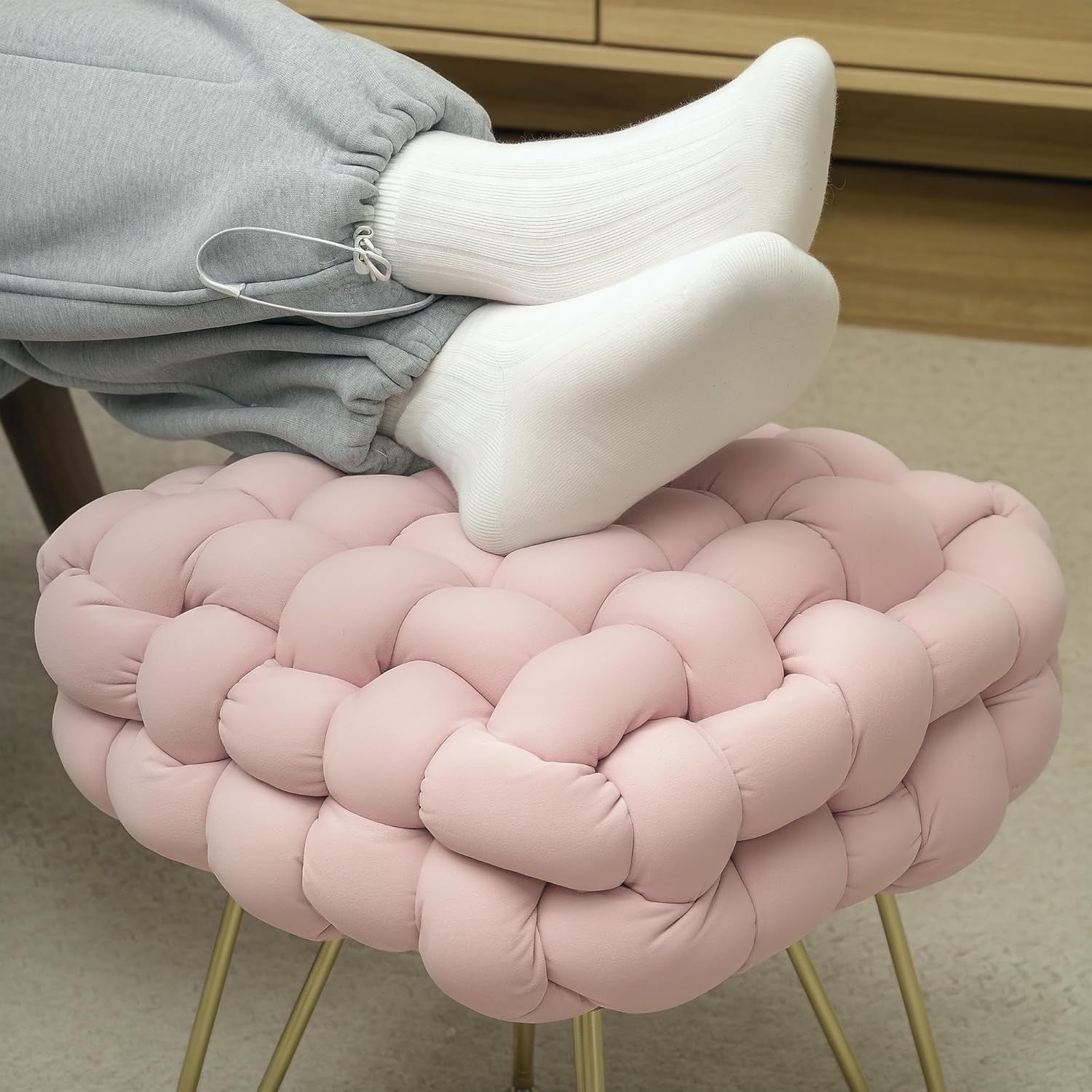 Pink Square Footstool Woven Velvet Ottoman Metal Leg Vanity Makeup Seat
