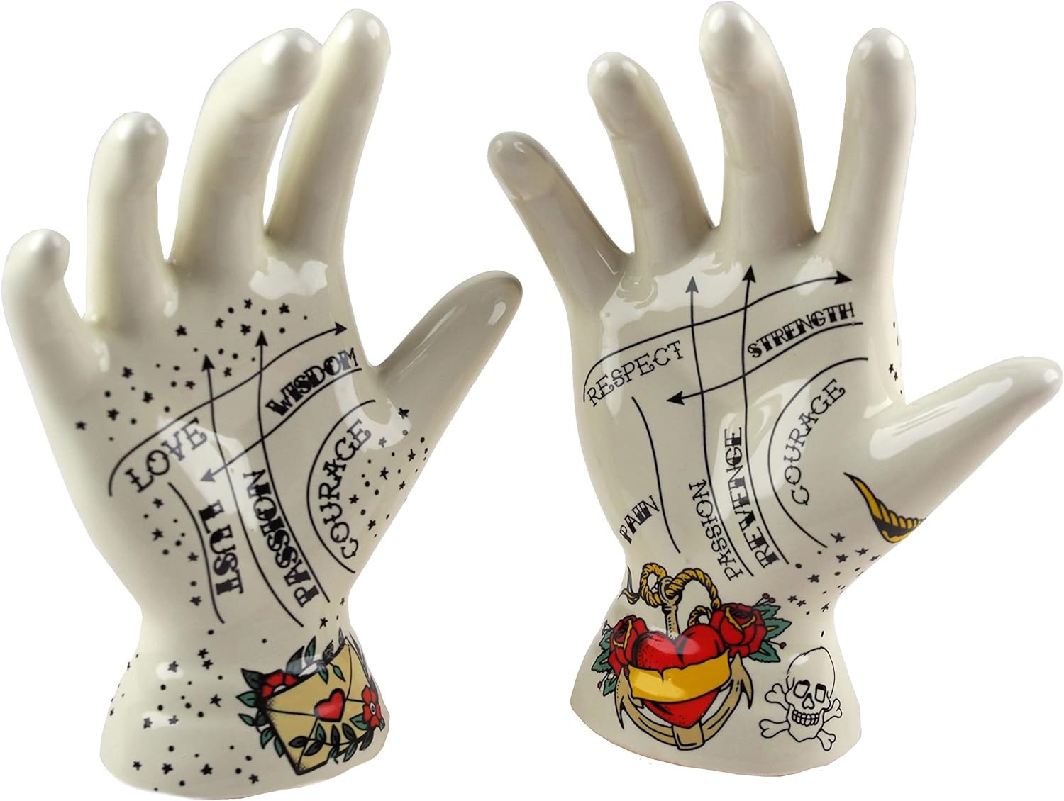 Tattoo Palmistry Hand Ornaments Set of 2 | Love Hate Ceramic Decor Gift
