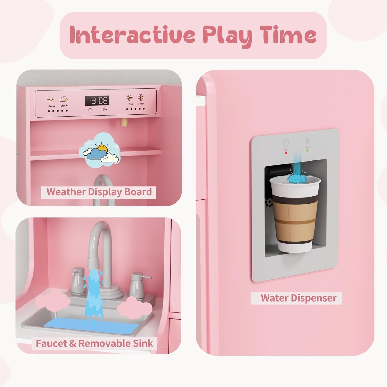Large Wooden Kids Play Kitchen Pink Lights Sounds Toy Cooking Set