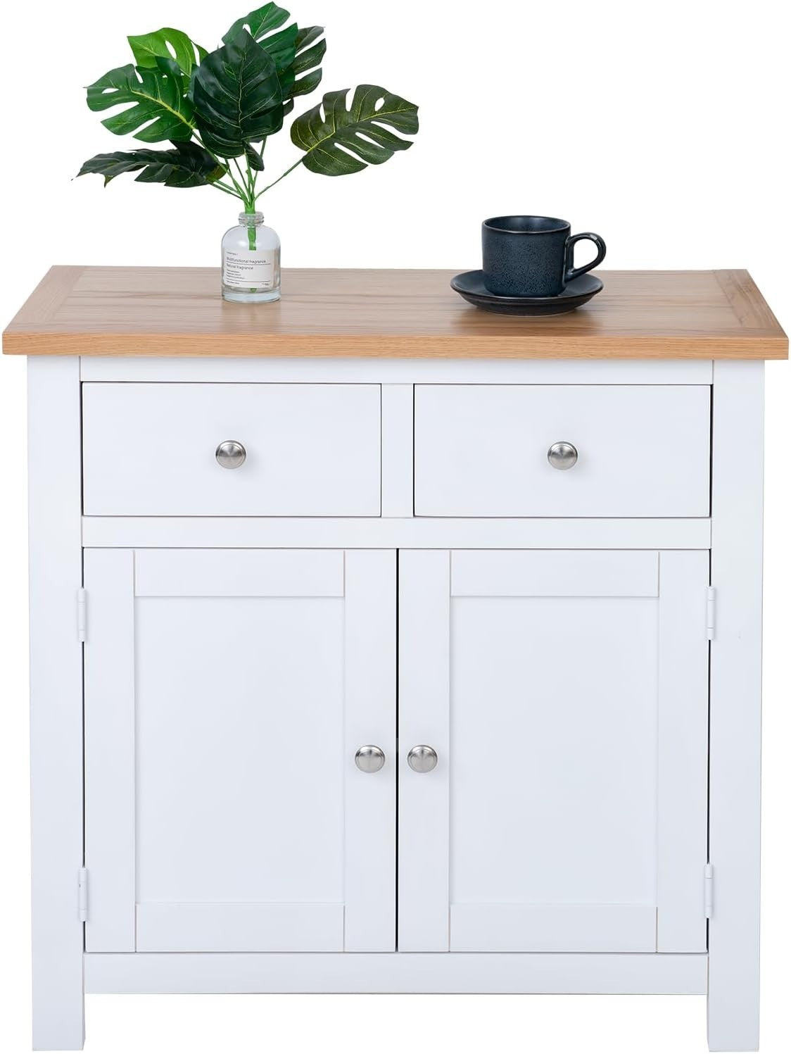 White Sideboard Cabinet Oak Top 2 Drawer 2 Door Storage Unit Hallway