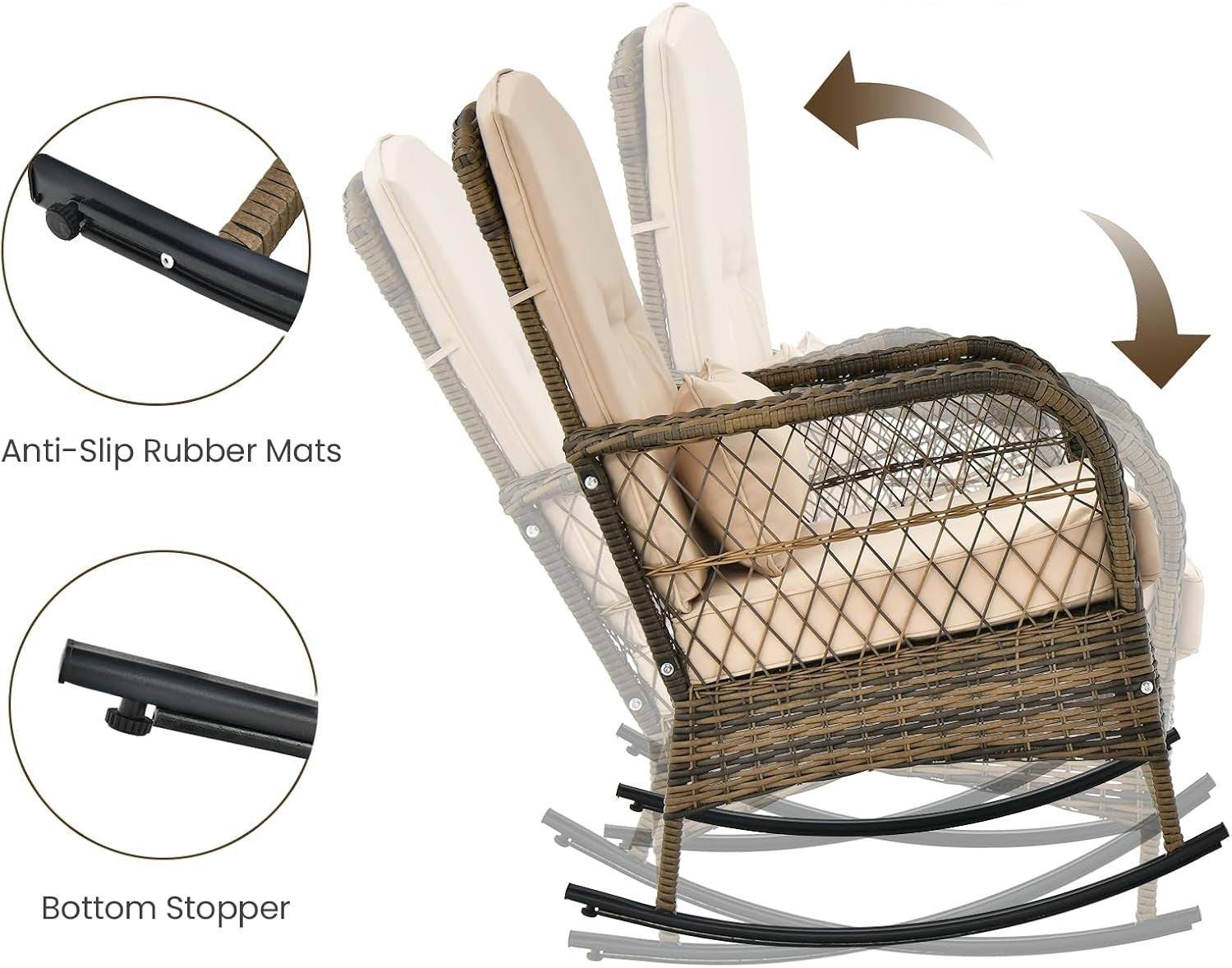 3pc Outdoor Rattan Rocking Bistro Set Cushioned Chairs Glass Table Patio