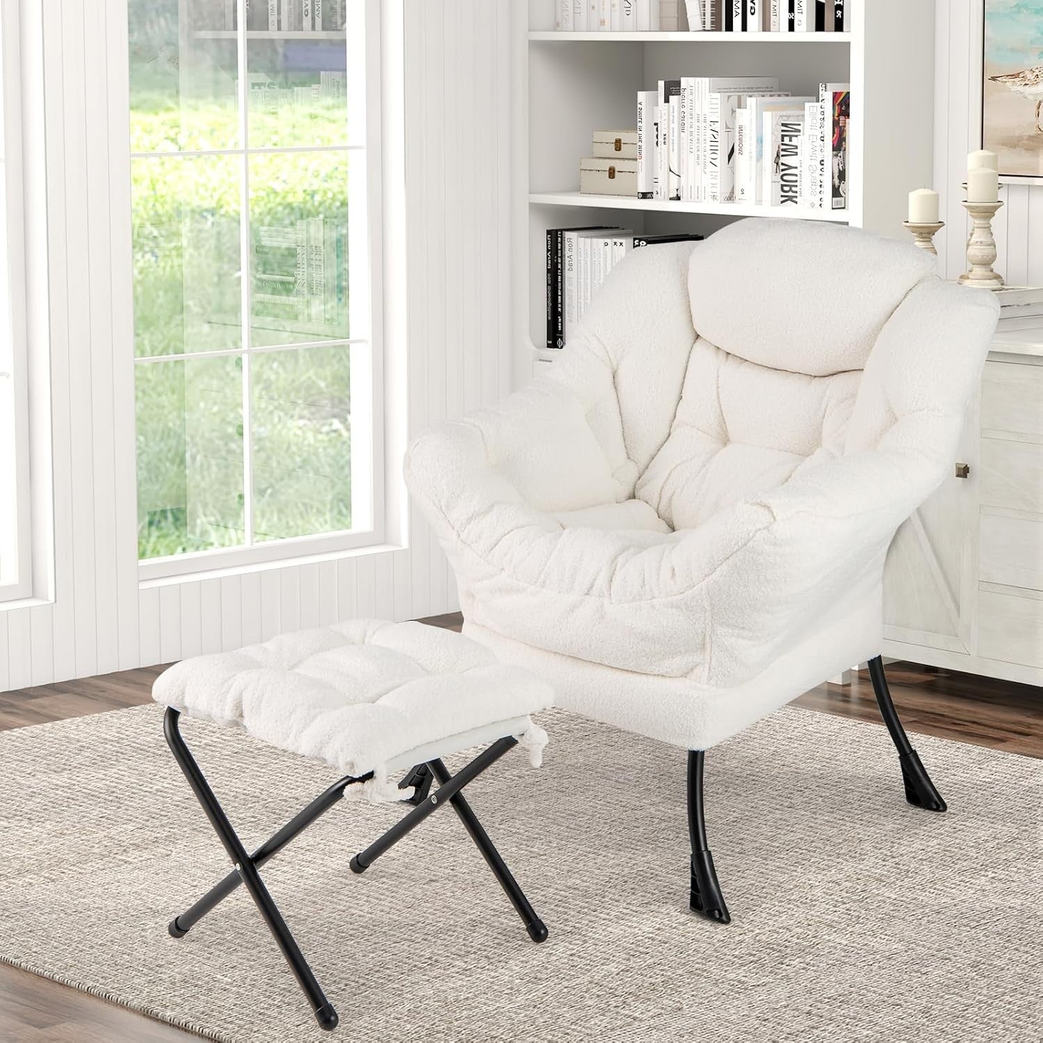 Beige Sherpa Armchair w/ Footstool Comfy Reading Chair Sofa Lounge Seat